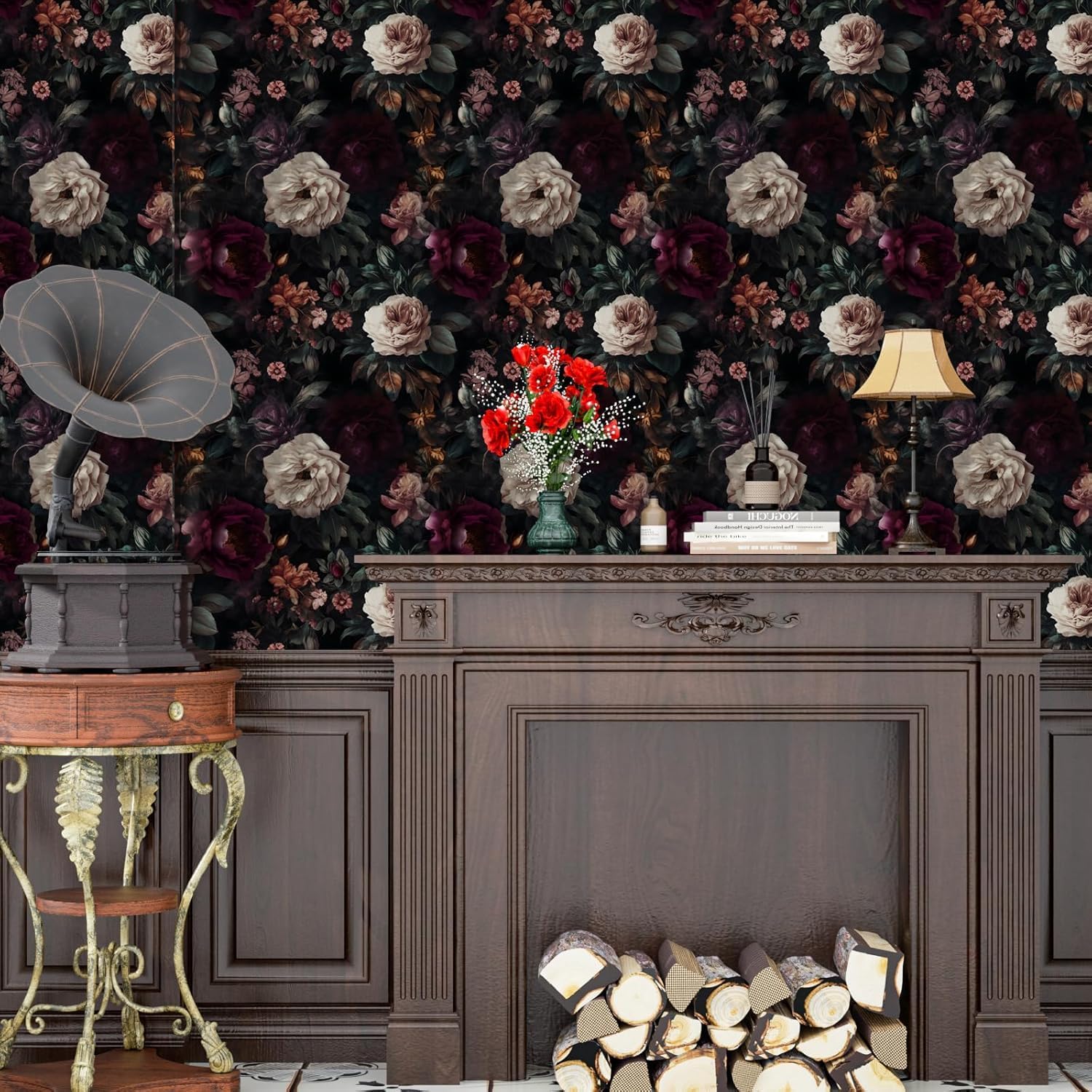 ILHIIOR Dark Floral Peel and Stick Wallpaper Boho Leaf Contact Paper Dark Rose Removable Self Adhesive Waterproof Wall Paper for Cabinet Drawers Wall Decor Renter Friendly 17.5''x393''