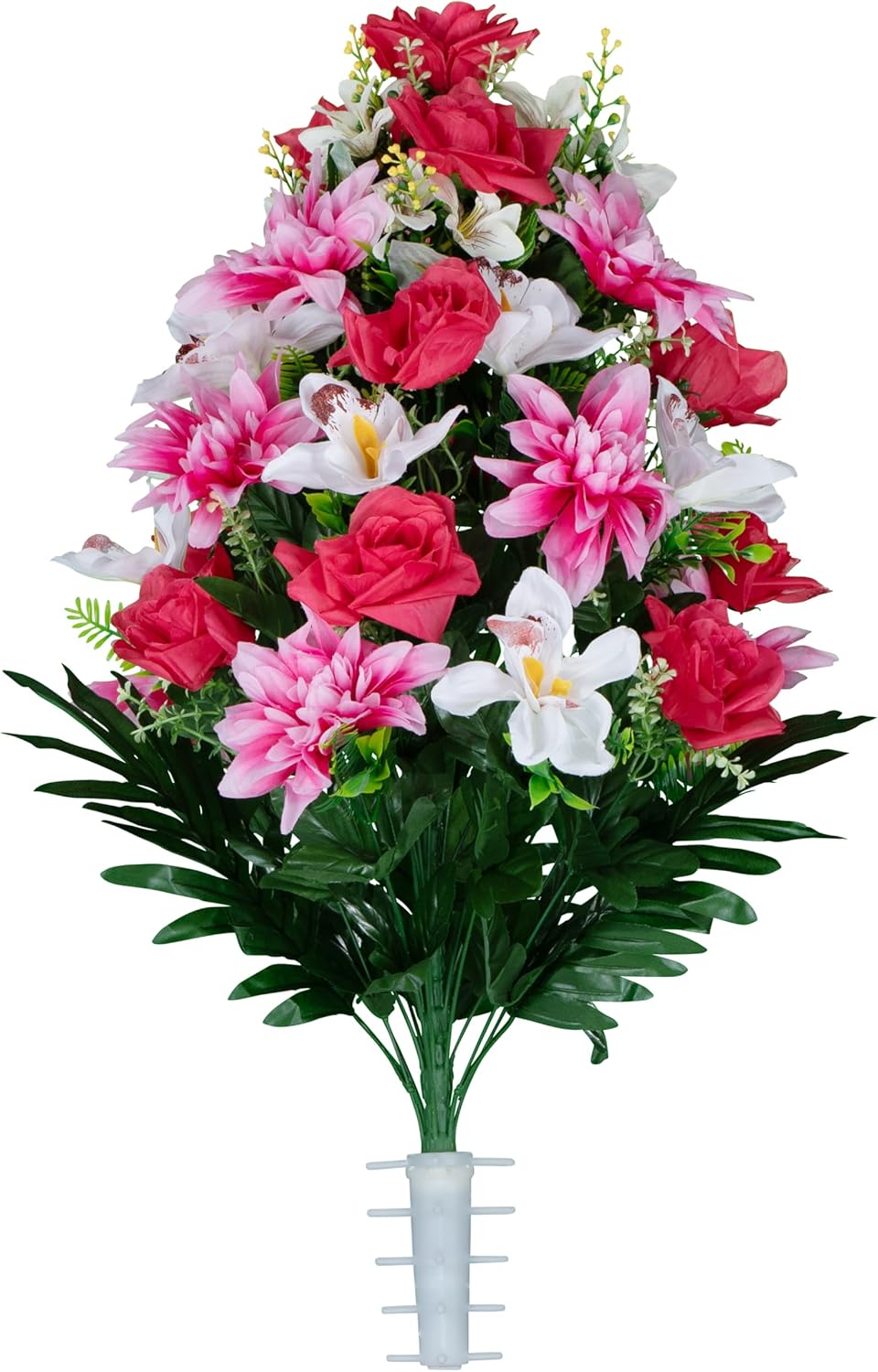 Sympathy Silks Artificial Cemetery Flowers - Gravesite Flowers - Pink Roses with White Orchids and Pink Dahlias - (1) Bouquet