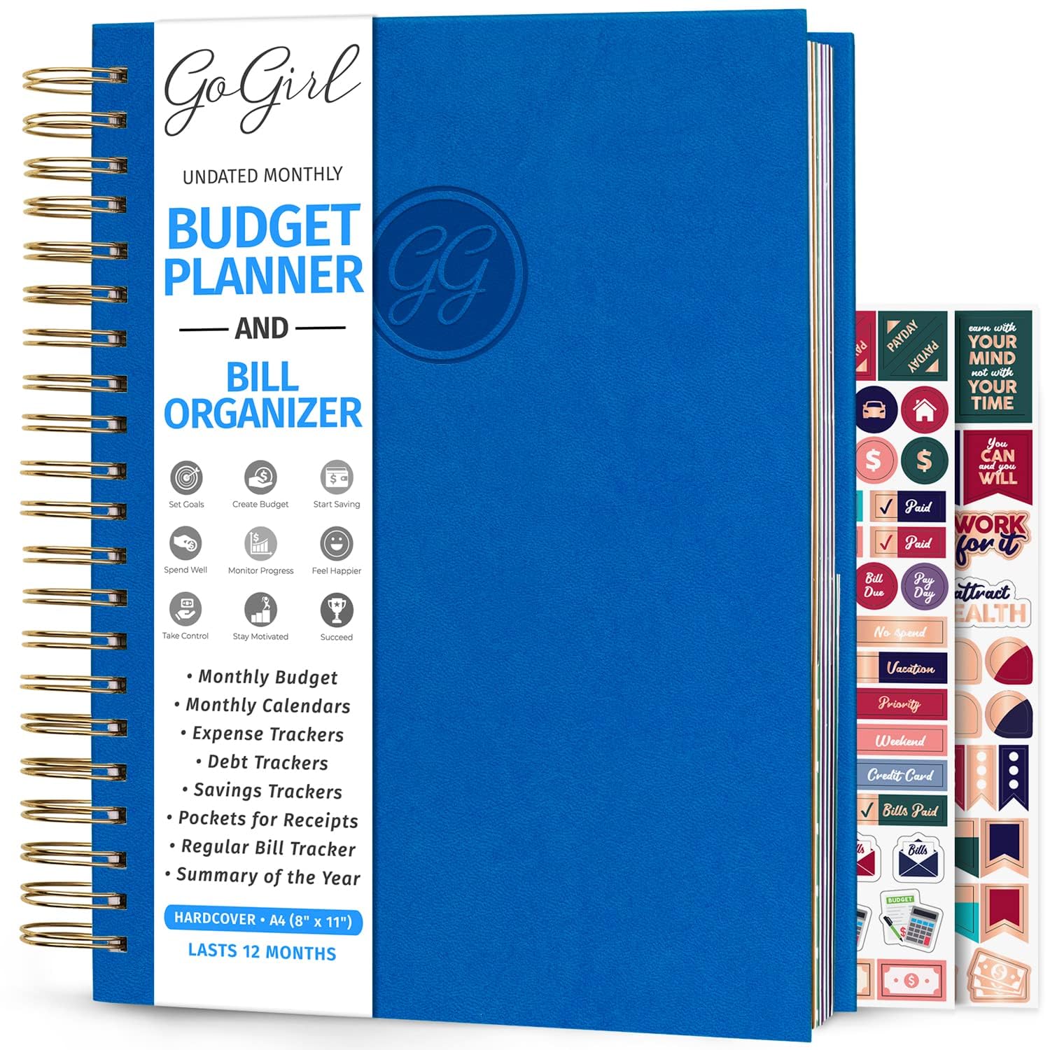 GoGirl Budget Planner & Monthly Bill Organizer – Monthly Financial Book with Pockets. Expense Tracker Notebook Journal to Control Your Money, A4-Sized Spiral-Bound Hardcover, Lasts 1 Year – Blue