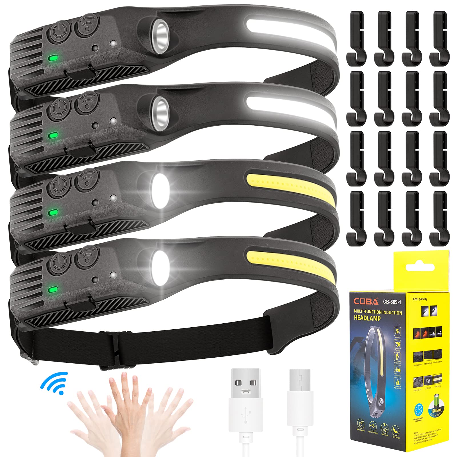 4Pcs Headlamp Rechargeable,600 Lumen LED Headlamp,230°Wide Beam and Spotlight Head Lamps,Motion Sensor, Headlight Flashlight with Lightweight Hardhat Clips for Hiking, Running, Repairing