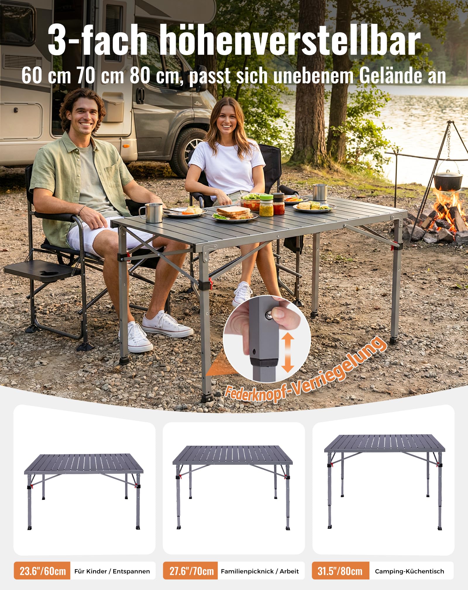 KingCamp Campingtisch Klappbar, bis 120 kg,60/70/80cm Höhenverstellbar | Aluminium Roll-Up Tischplatte,Schneller Auf- und Abbau,Kompakt, Robust,Langlebig,Leicht,für Outdoor,Picknick,107x70cm