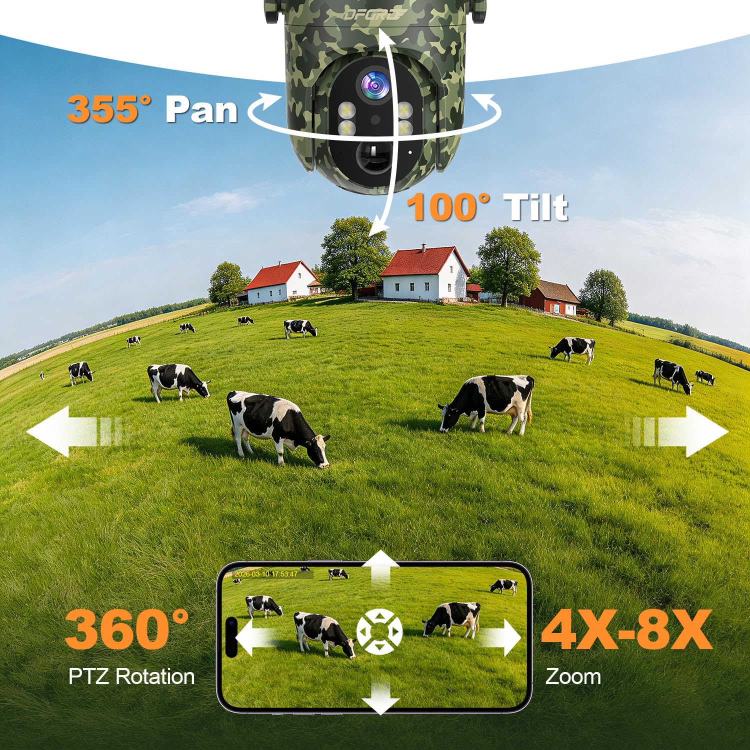 4G LTE Cámara Vigilancia Exterior Solar con Tarjeta SIM Preinstalada sin WiFi, 2K PTZ 360° Batería 10400mAh, Detección de Movimiento PIR, Visión Nocturna a Color, Audio Bidireccional, IP66