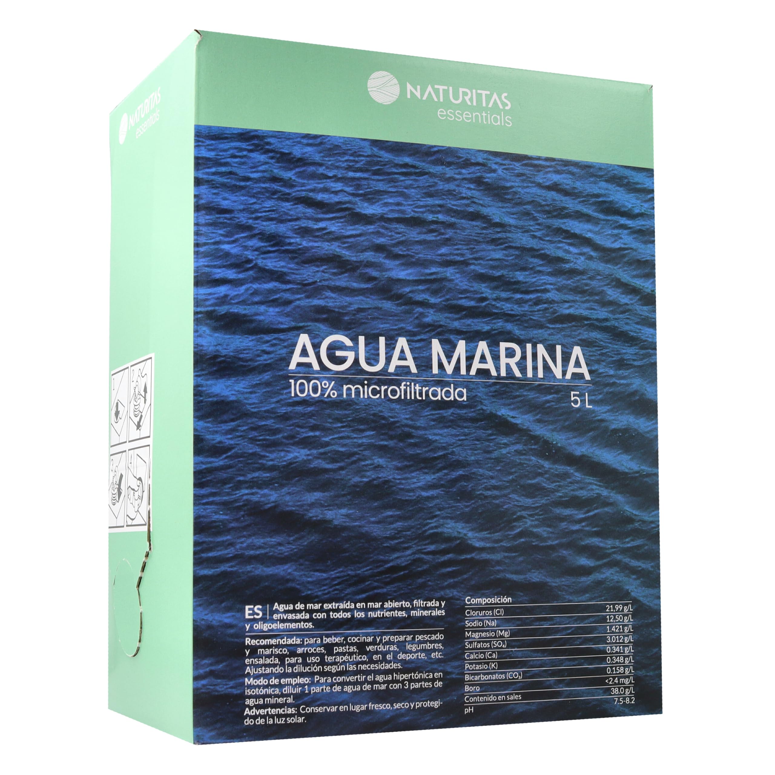 Agua marina | 5 L Bag in Box | Naturitas Essentials | 100% Pura, Microfiltrada en Frío, Ideal para Beber, Cocinar y Preparar Agua Isotónica
