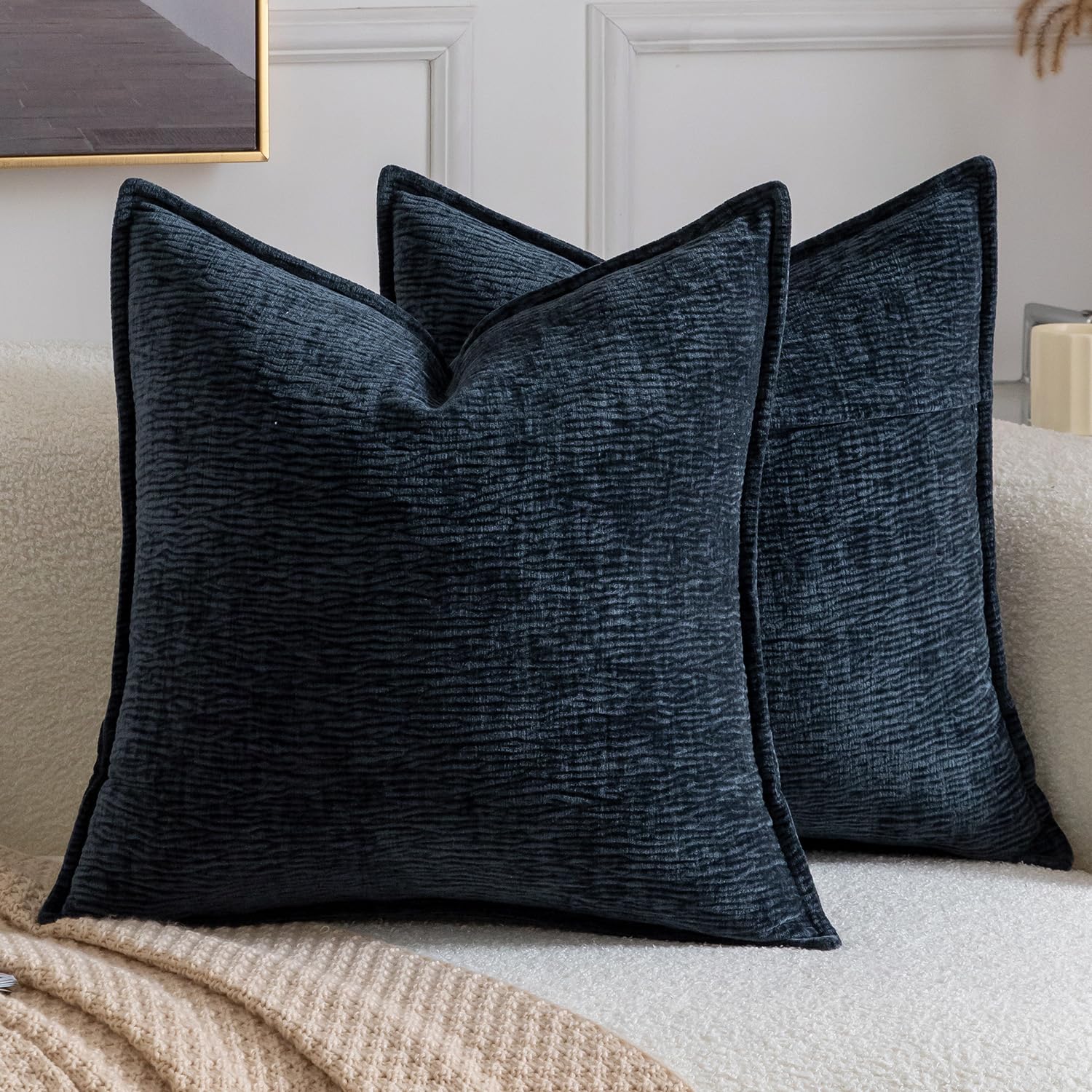 Madizz Pack of 2 Decorative Cushion Covers Soft Chenille Throw Pillows Solid Textured Throw Pillow Covers for Couch Sofa Bedroom Living Room 40x40 CM, Dark Blue โ image 1