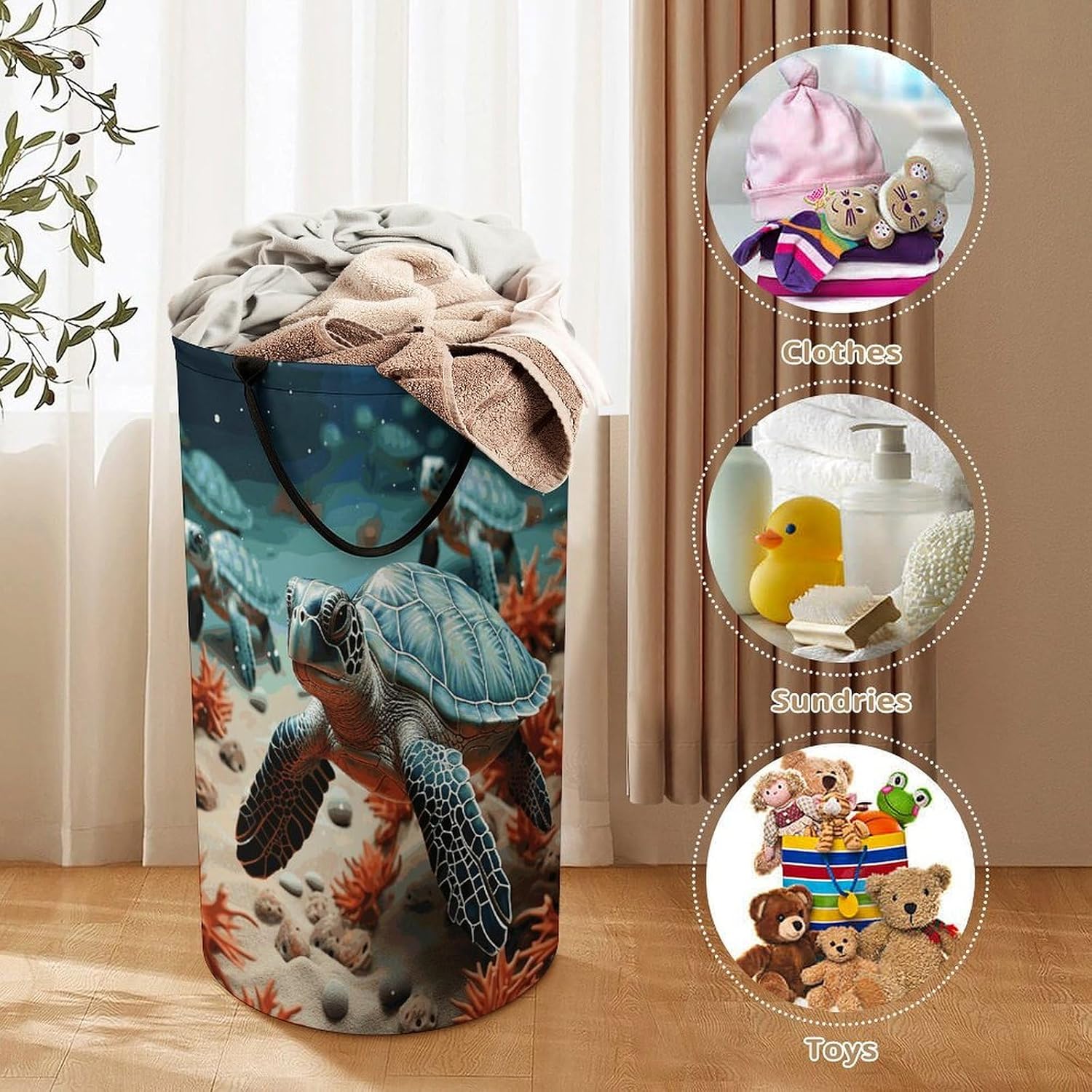 Large Laundry Hamper with Handles Turtle Starfish Laundry Basket Freestanding Waterproof Clothes Hamper for Living Room Bedroom Bathroom College Dorm