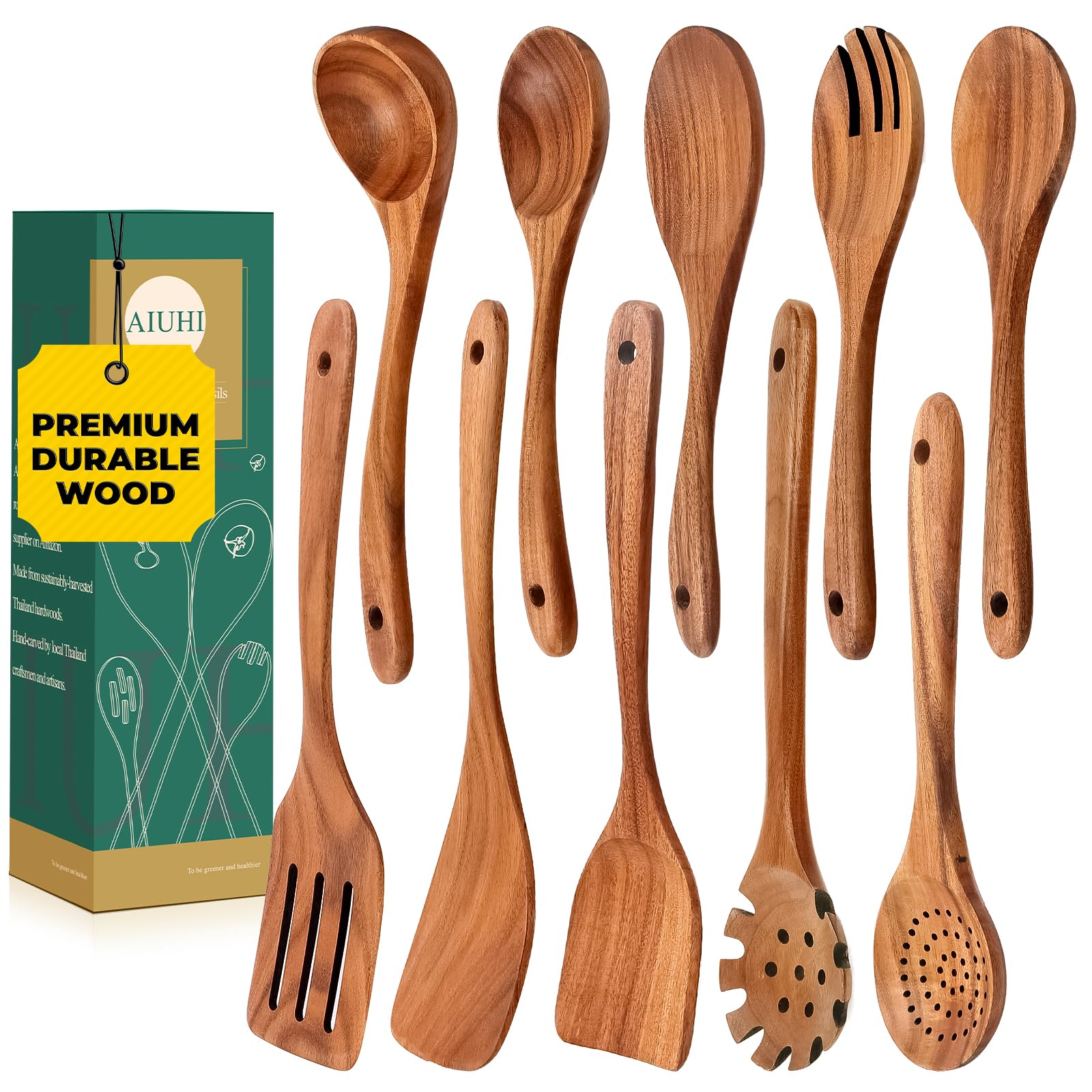 AIUHI Wooden Kitchen Utensils Set, No Scratch Wood Spatula and Spoon Set, Teak Wood Cooking Utensils Set for Kitchen Essential Tools 10 Pieces