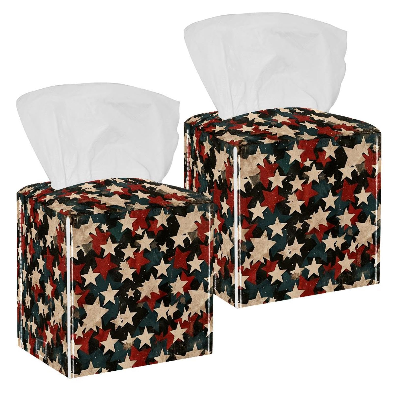 Retro American Stars Tissue Box Cover, 2 Pack PU Leather Square Facial Tissue Dispenser Box holder for Home Office Car