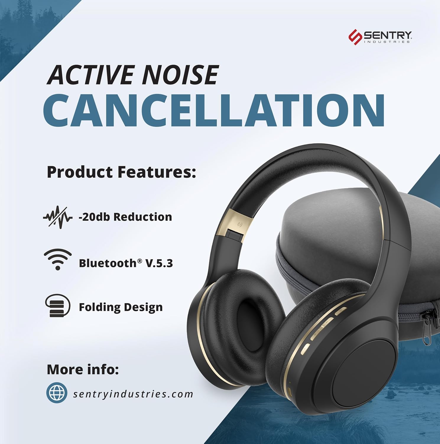 SENTRY OSH headphones with text highlighting Active Noise Cancellation, -20dB Reduction, Bluetooth V5.3, and Folding Design.