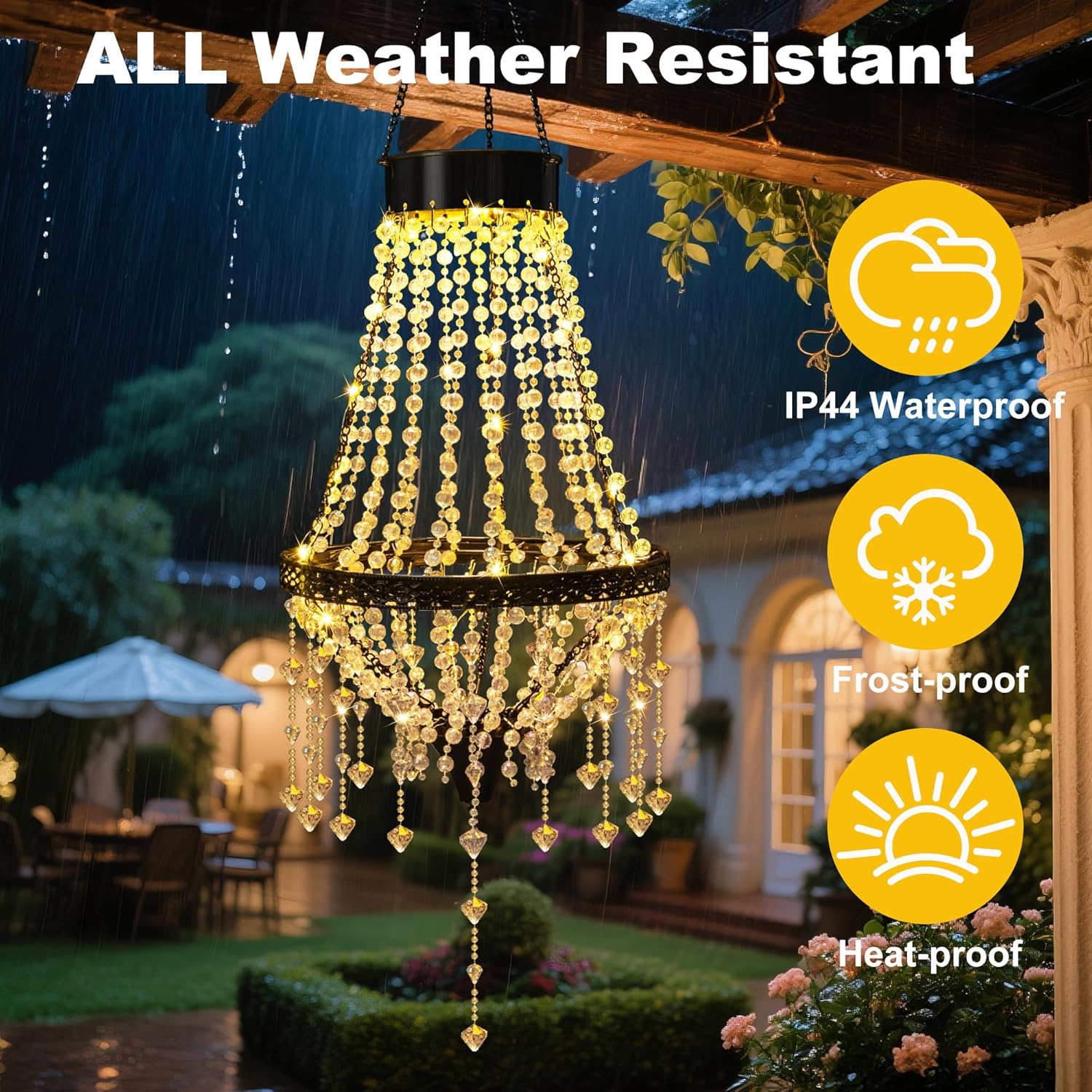 pearlstar Hanging Solar Chandelier Outdoor, 30 Warm Lights Acrylic Clear Beaded Chandelier with S Hooks Modern Lantern for Garden Yard Patio Gazebo Wedding Decorations