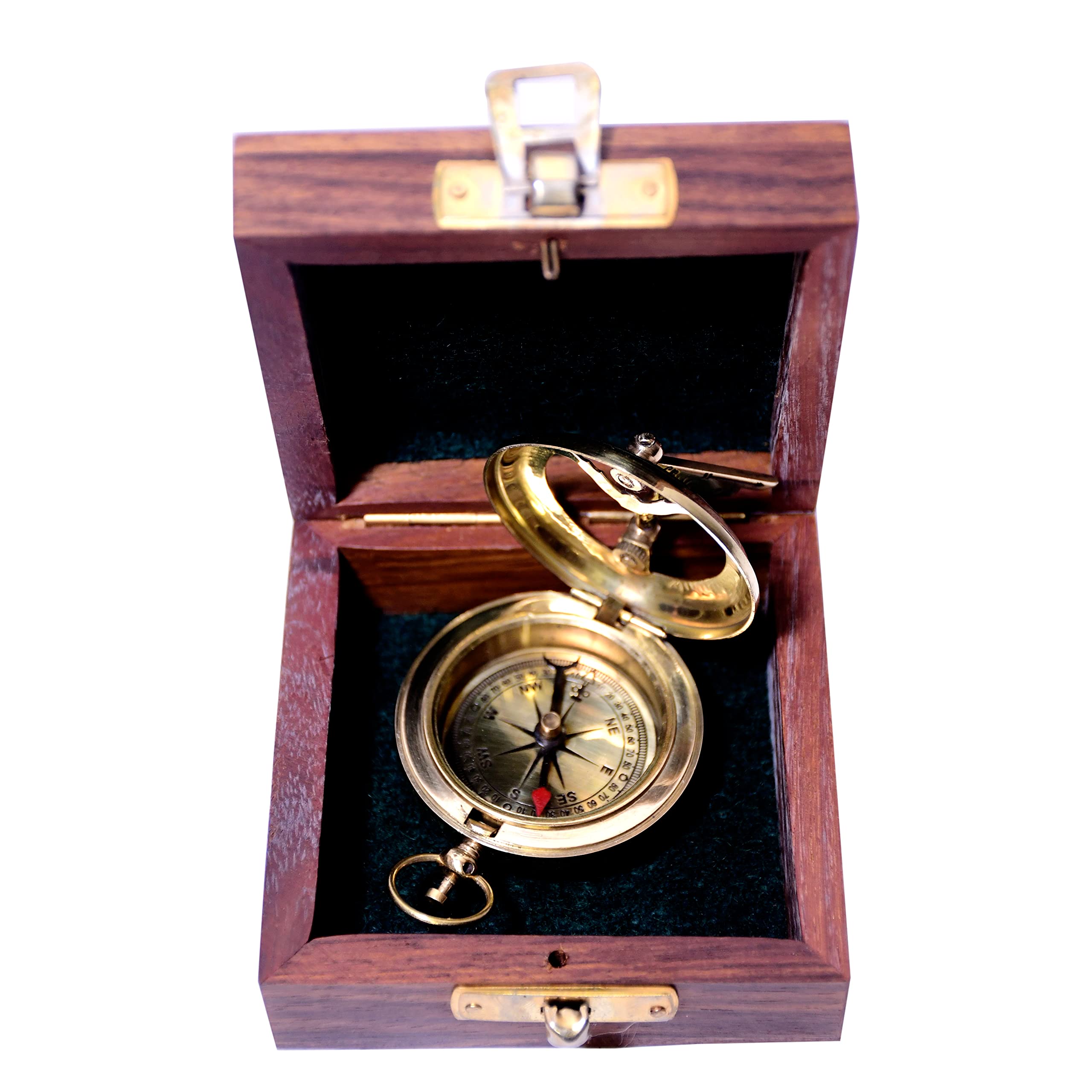 Handmade Brass Push Open Compass with Rose Wood Case, Pocket Compass for Hiking Rustic Vintage Home Decor Gifts