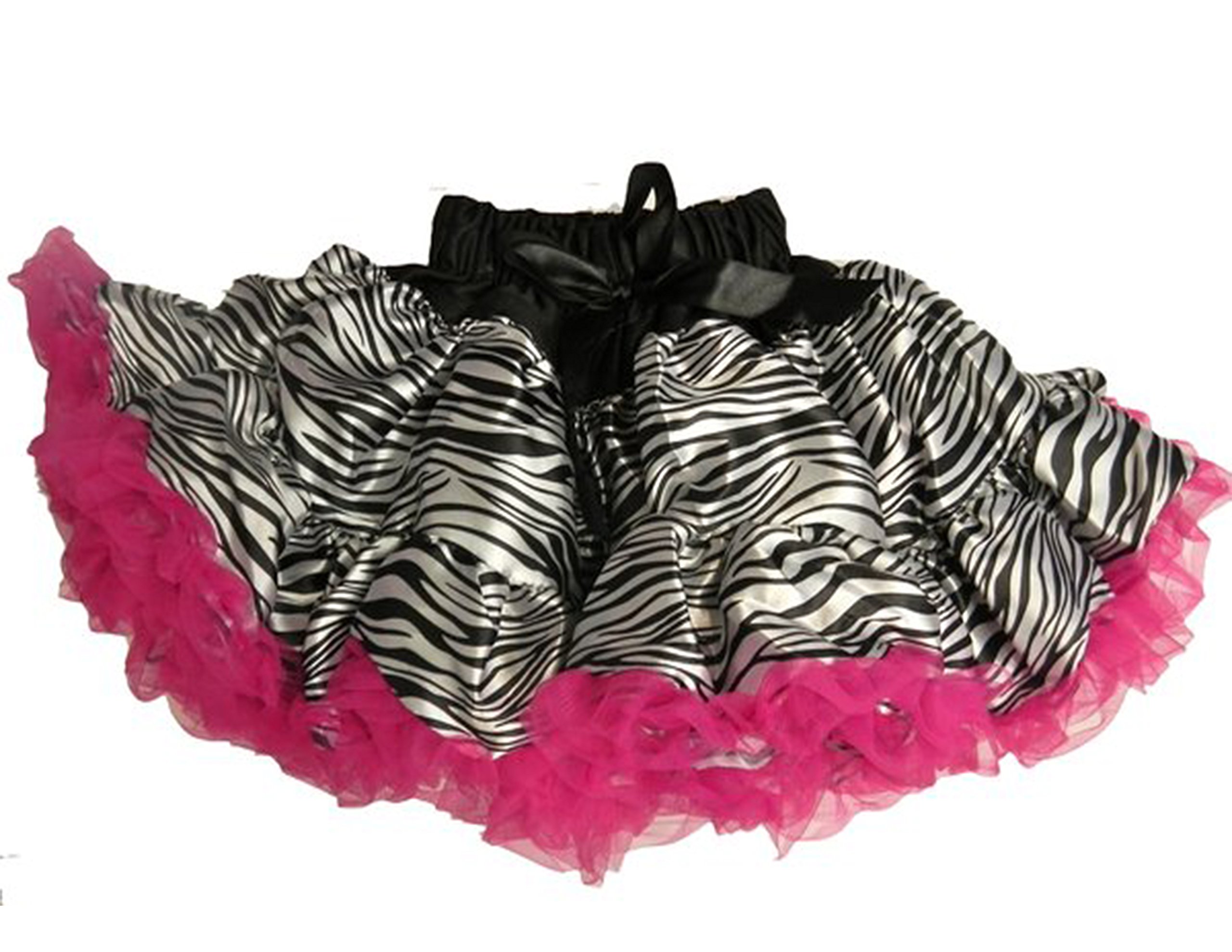 A Zebra Print Fabric Tutu with a hot Pink Tulle Edge and a Black Ribbon Bow.