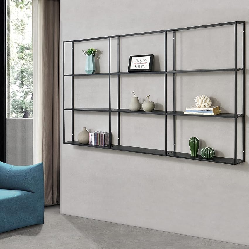 [en.casa] Scaffale da Parete in Ferro con 9 Scomparti Libreria Sospesa Mobile Espositore da Muro Design Industriale con 3 Ripiani 160 x 18 x 110 cm Nero