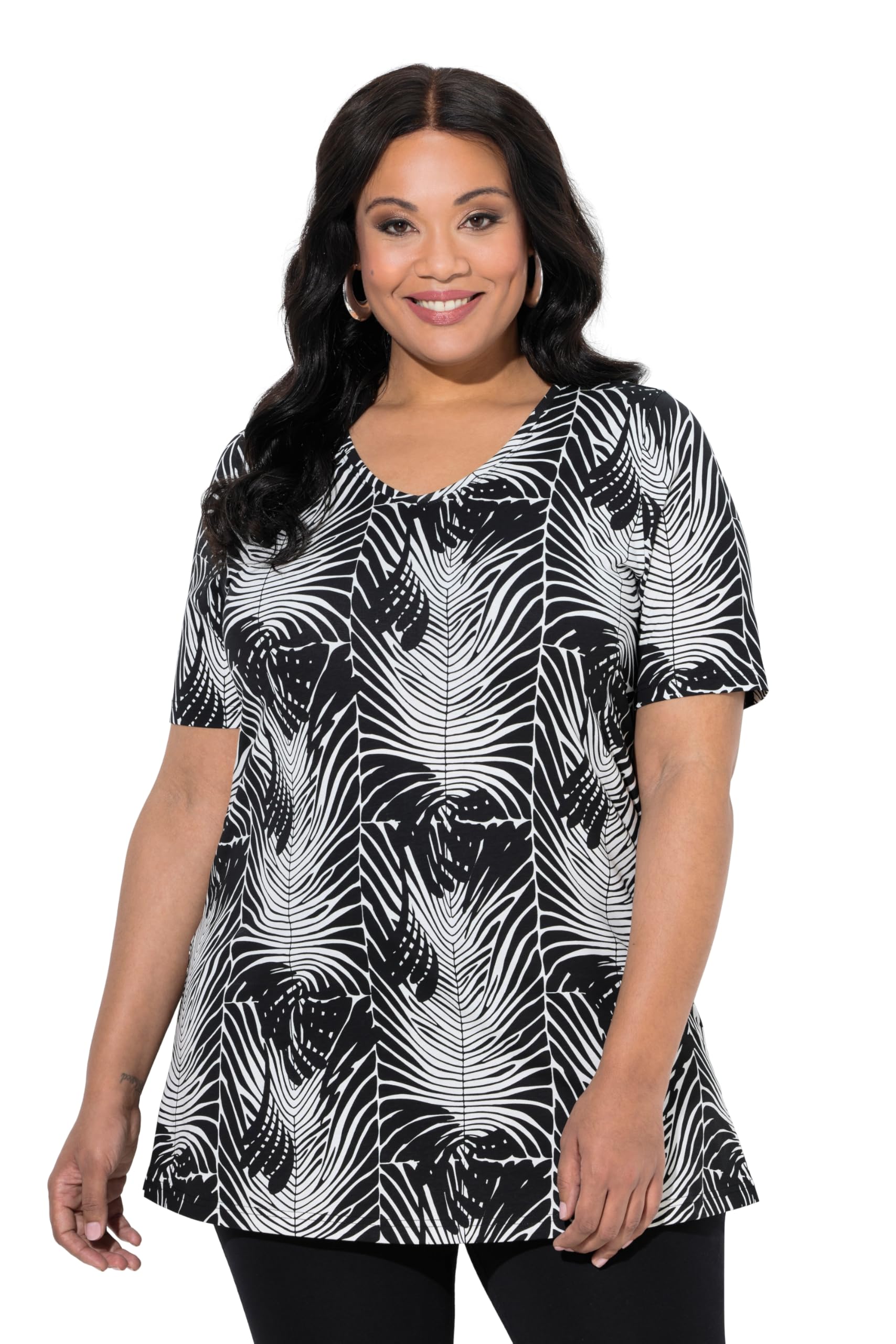 Ulla Popken Damen große Größen Übergrößen Plus Size Longshirt, grafischer Druck, V-Ausschnitt, Halbarm 849445