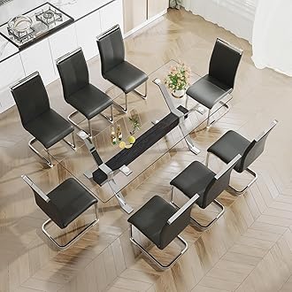 Pvillez Glass Dining Table Set for 8, 9 Piece Dining Room Table Set, 78" Modern Large Glass Kitchen&Dining Room Table with Silver Metal Legs and Black MDF Crossbars & 8 Black PU Leather Dining Chairs