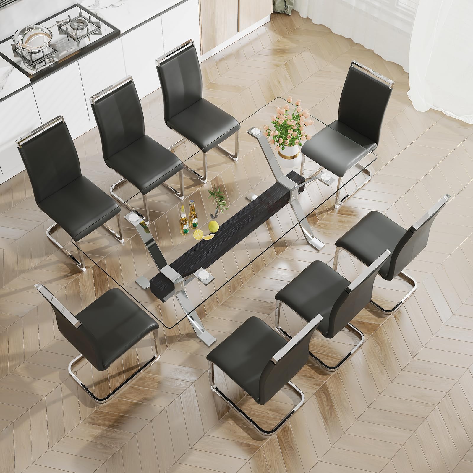 Pvillez Glass Dining Table Set for 8, 9 Piece Dining Room Table Set, 78" Modern Large Glass Kitchen&Dining Room Table with Silver Metal Legs and Black MDF Crossbars & 8 Black PU Leather Dining Chairs
