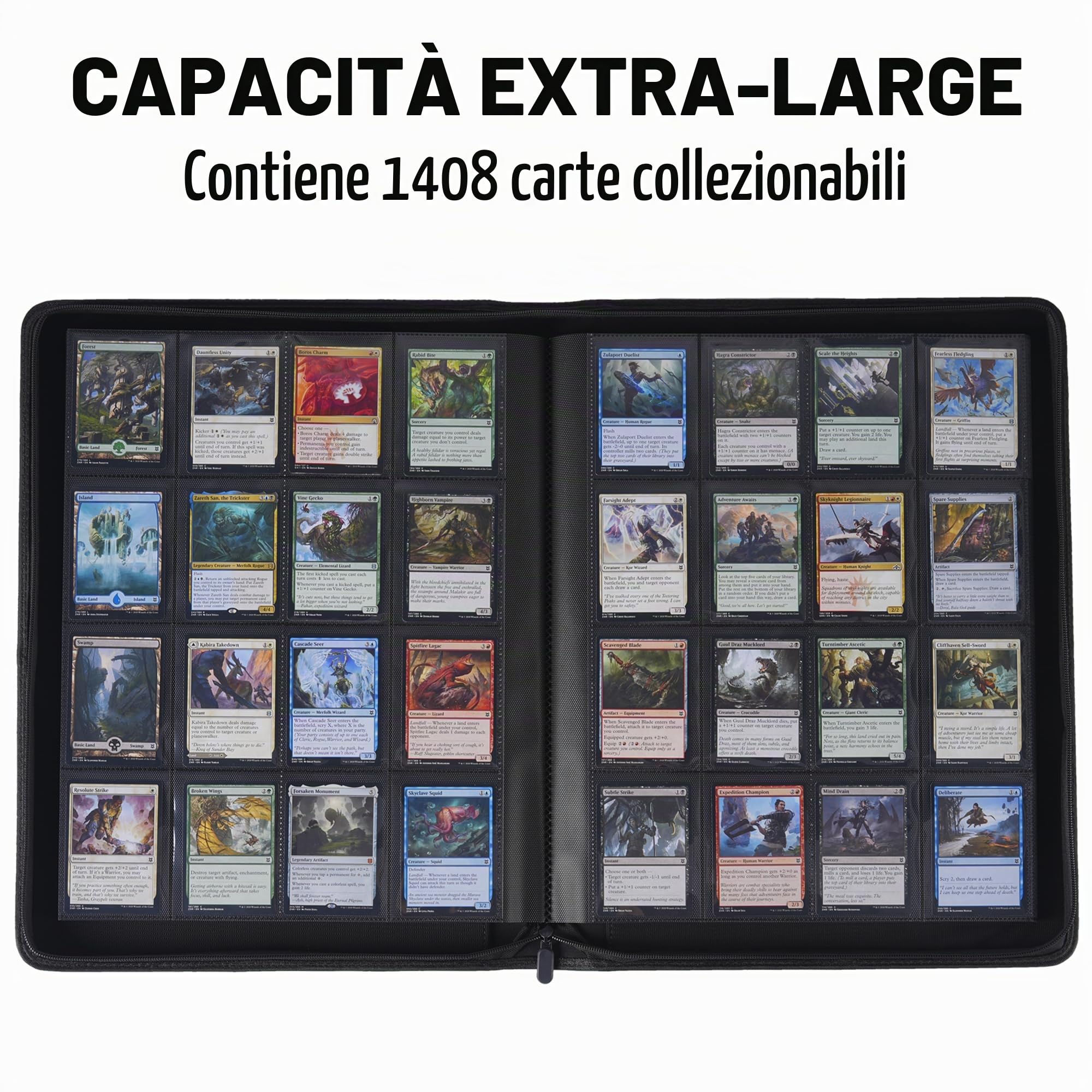 Raccoglitore per carte con 16 tasche, raccoglitore per carte collezionabili, può contenere fino a 1408 carte con 44 maniche, con cerniera, compatibile con carte TCG/carte da gioco/carte
