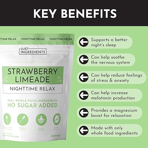 Miniatura 4 de JUST INGREDIENTS Polvo de suplemento para relajación y sueño nocturno sabor fresa y limonada - 5.4 oz (153 g)