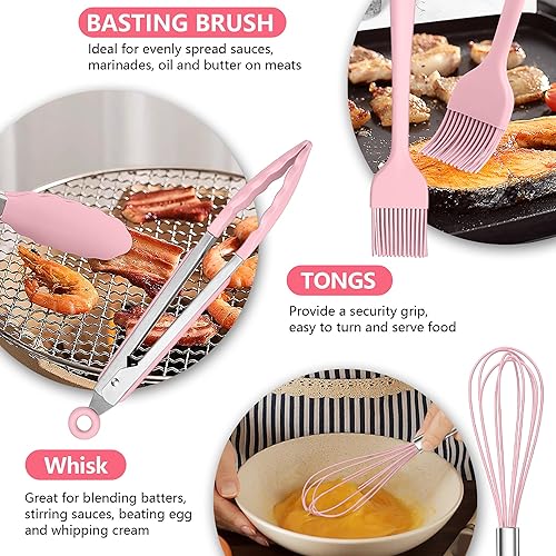 Miniatura 5 de TeamFar Juego de 14 utensilios de cocina de silicona, con mango de acero inoxidable, para freír, servir, voltear y escurrir, no tóxico y resistente