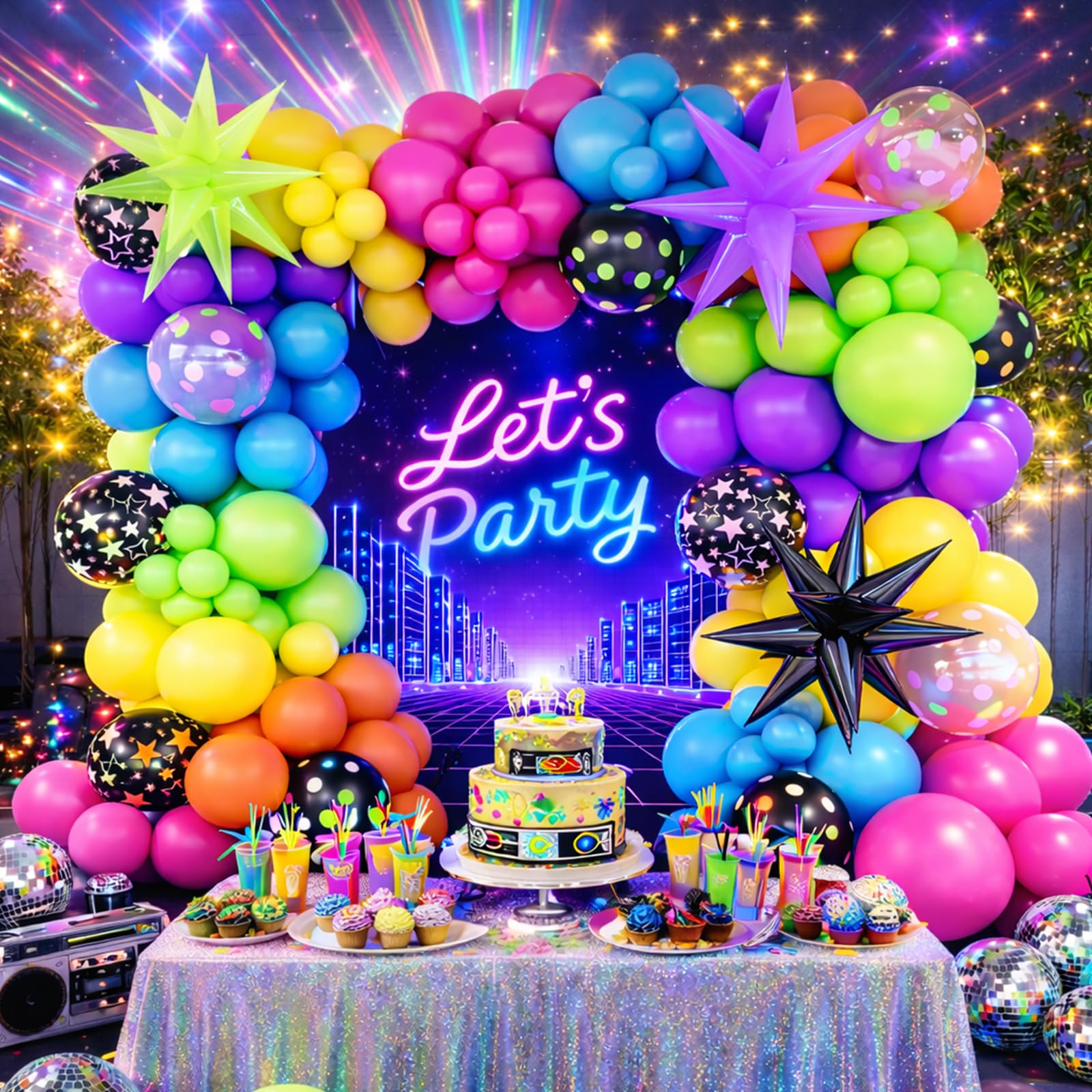 147 Pcs Neon Balloon Garland Arch Kit, Glow Party Fluorescent Rainbow Balloons with Star Balloon, DIY Balloon Arch for Blacklight Party, 80s 90s Disco Birthday, Festival & Photo Backdrop