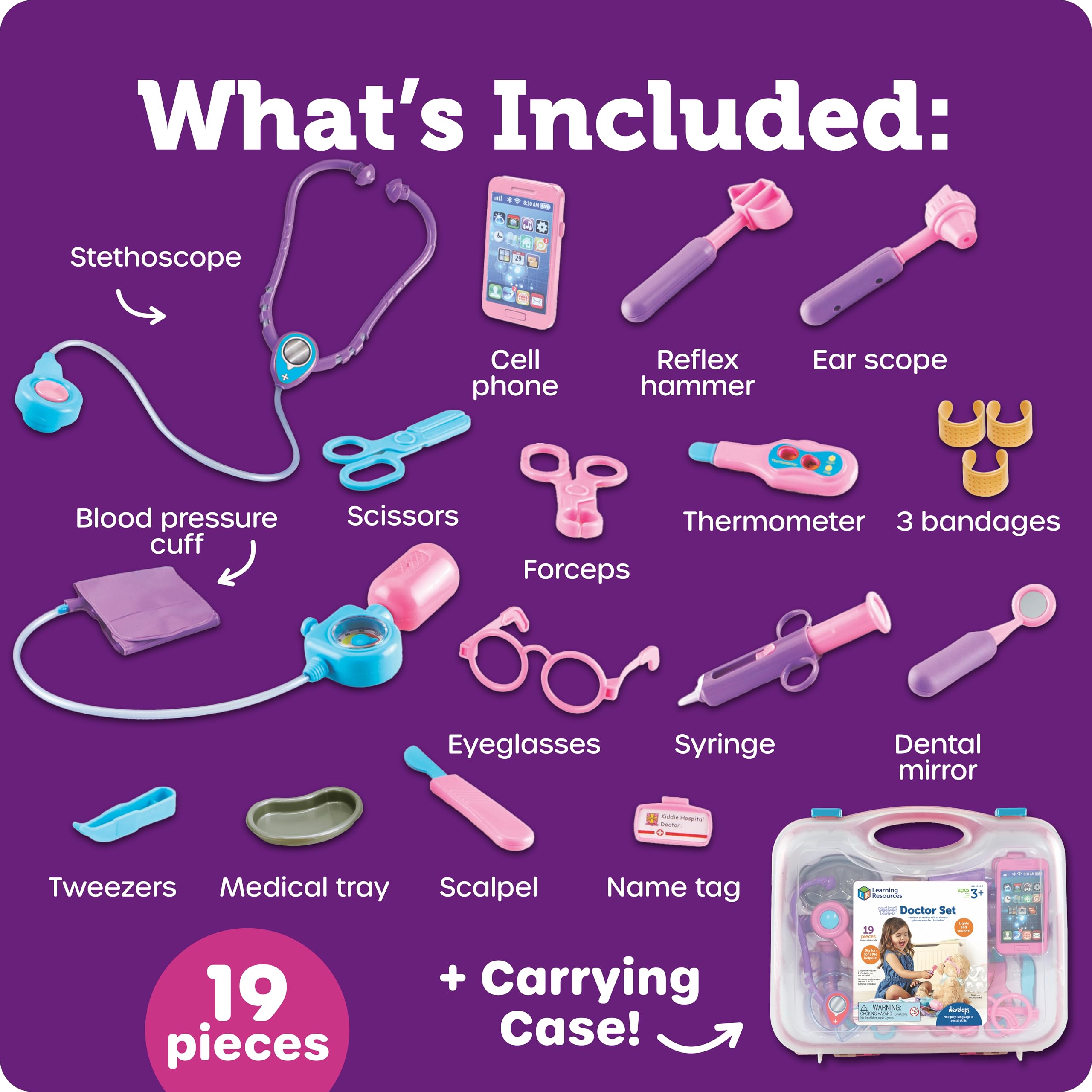 Learning Resources Pretend and Play Doctor Kit for Kids, Pink Doctor Costume, 19 Piece Set, Ages 3+