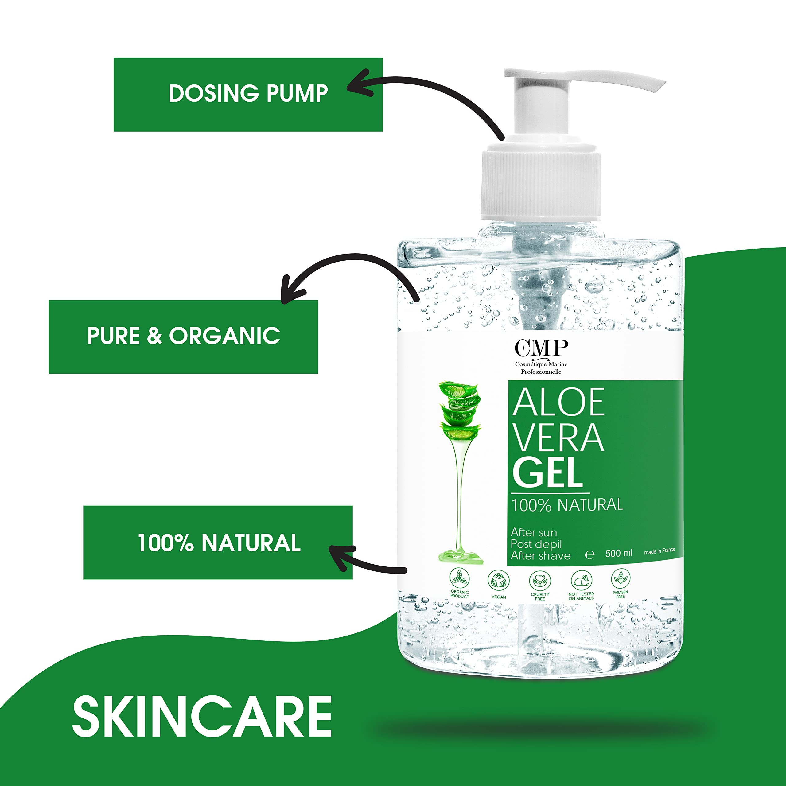 Gel d'aloe vera pur, 100% naturel, puissant hydratant, apaisant et calmant pour la peau, après l'épilation, le rasage, calmant après le soleil, le placage pour cheveux 500 ml (l'emballage peut varier)