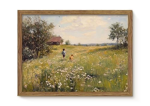 Vintage Framed Canvas Wall Art, Rustic Wall Decor, Boy Running