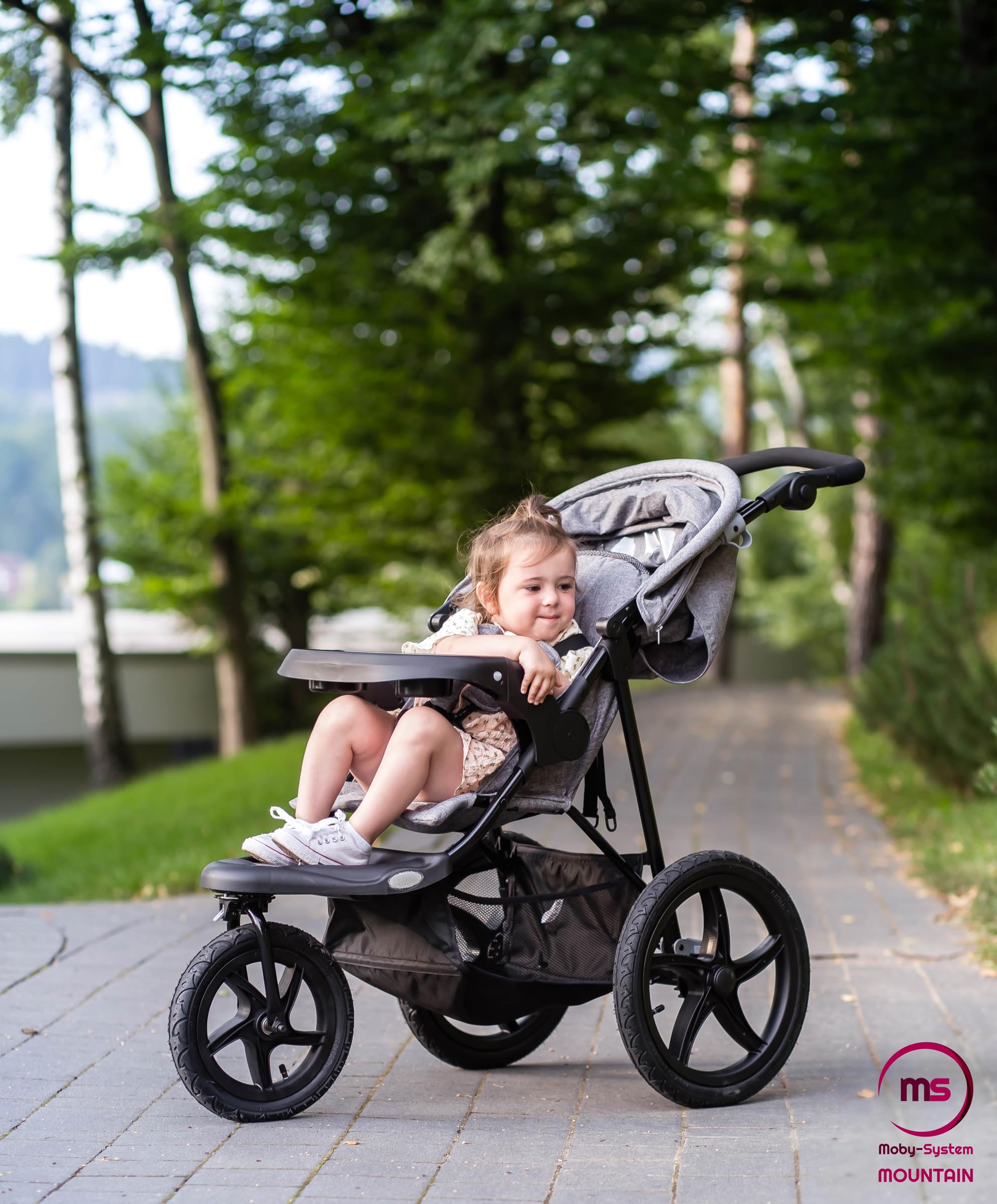 Moby-System Runner Mountain Dreirad-Kinderwagen mit Regenschutz, 5-Punkt-Gurt, Reflektoren - Kinderwagen Zubehör für Kinder bis 15 kg, Grau - Leicht Zusammenklappbar