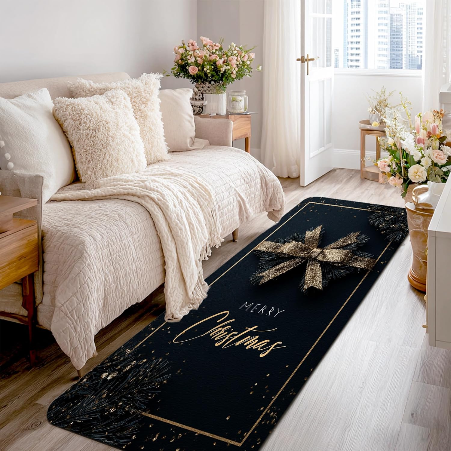 Bow Runner Rug, Christmas Elegant Xmas Gold Sparkles Black Non-Slip Aesthetic Rectangle Home Floor Carpet for Kitchen Bathroom Entryway Bedside Decor 2x8 Ft