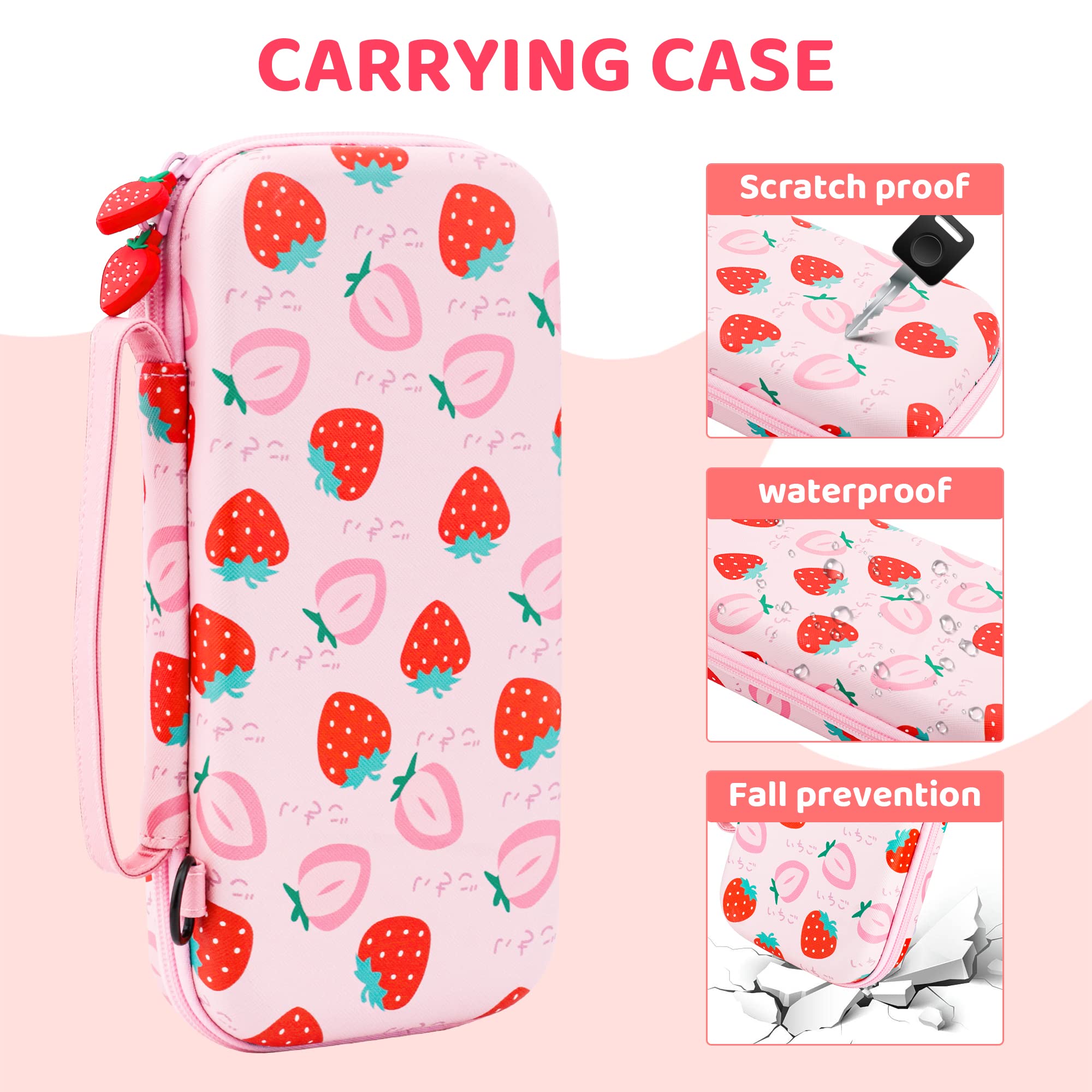 FANPL Étui de Transport pour Nintendo Switch et Switch OLED, étui de Voyage Rose Fraise avec bandoulière réglable, poignées pour Les Pouces, Coque de Protection Rigide Anti-Rayures, Rose