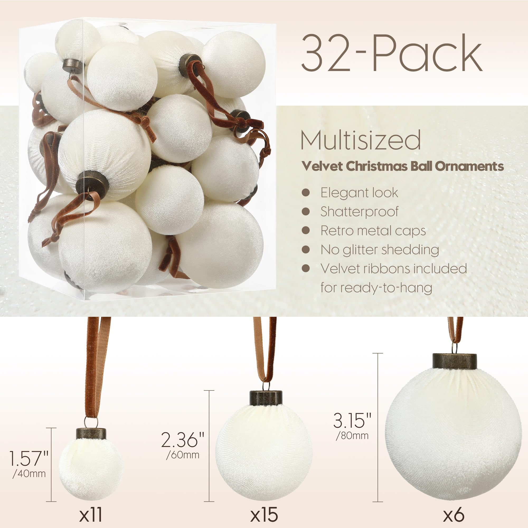 Sea Team 32er-Set beflockte Samt Weihnachtskugeln Verschiedene Größen Creme