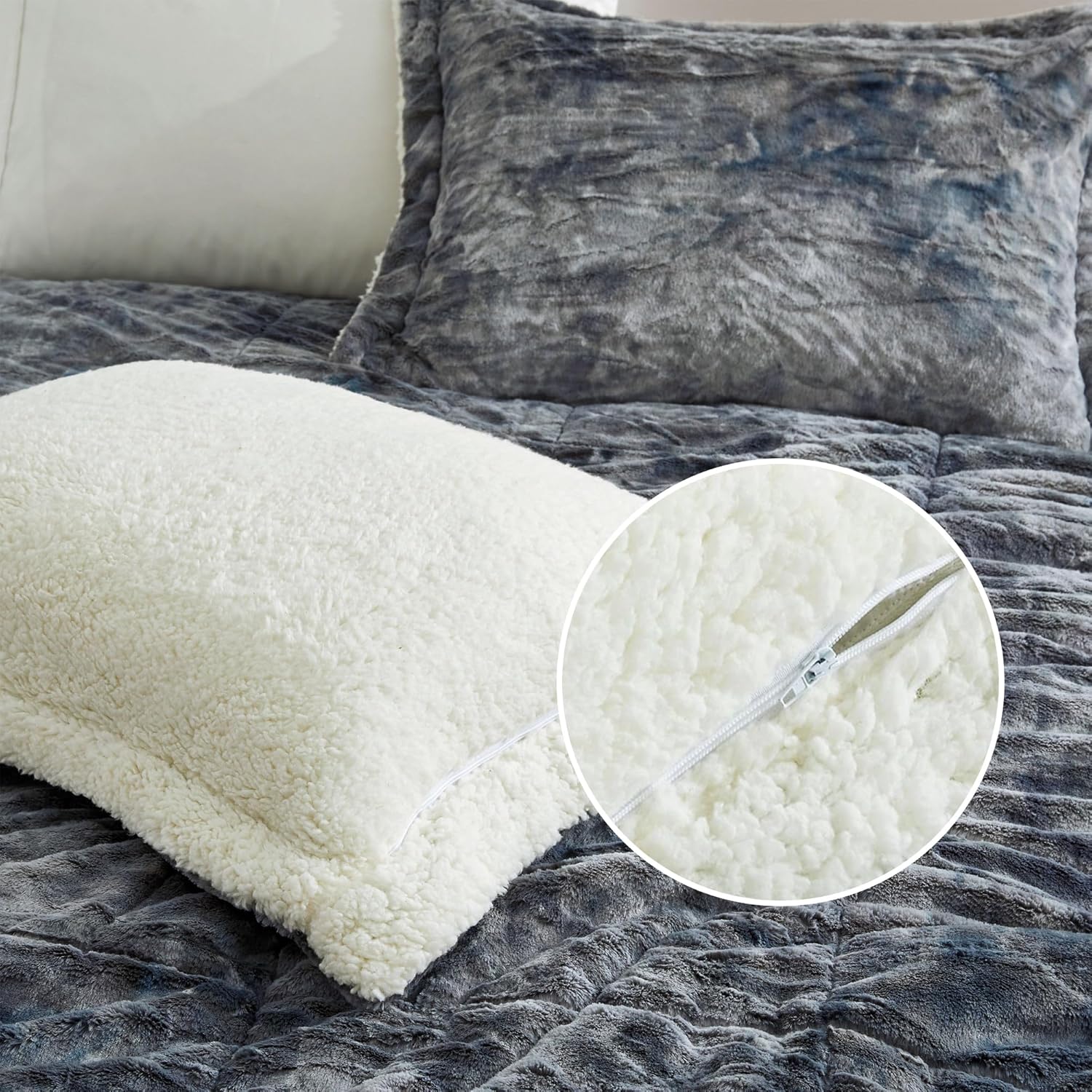 UNIKOME Sherpa Comforter Set Queen Size 3 Pieces,Soft Fleece Comforter Set,Warm Fluffy Plush Winter Bedding Set,Luxury Fuzzy Bed Set with Reversible Comforter & 2 Pillow Shams