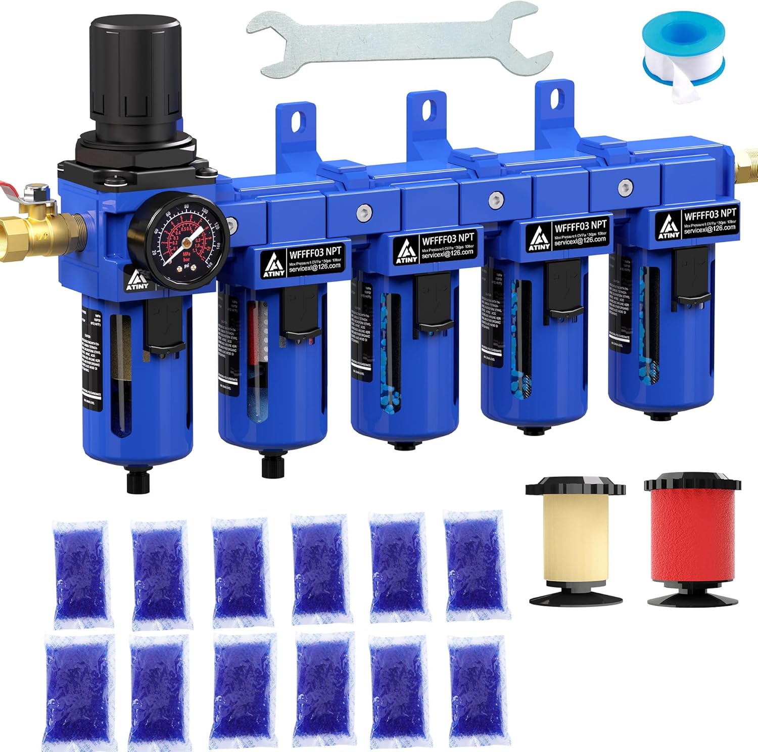 3/8'' NPT 5 Stage Air Dryer for Compressor,5 &0.01 Micron Filter Cartridge Air Drying System,Triple Desiccant Dryers & Air Regulator,Metal Bowl, Semi-Auto Drain,Industrial Grade-Blue