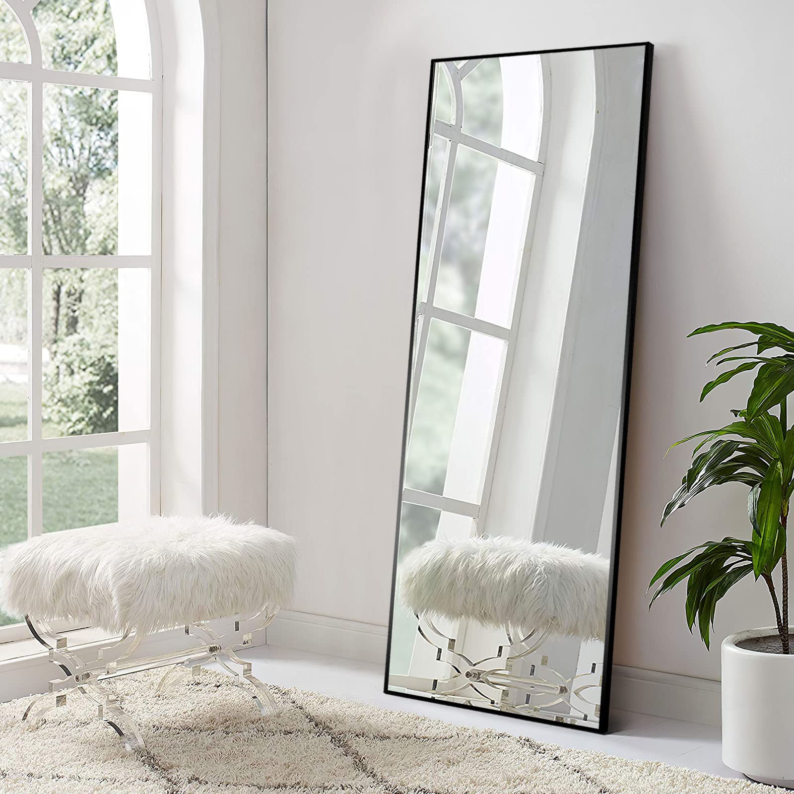 PexFix Full Length Mirror 64''×21'' Full Body Mirror with Thin Aluminum Alloy Home Decor Mirror Full Length for Living Room,Black (JJ00371AAF+USAM019)