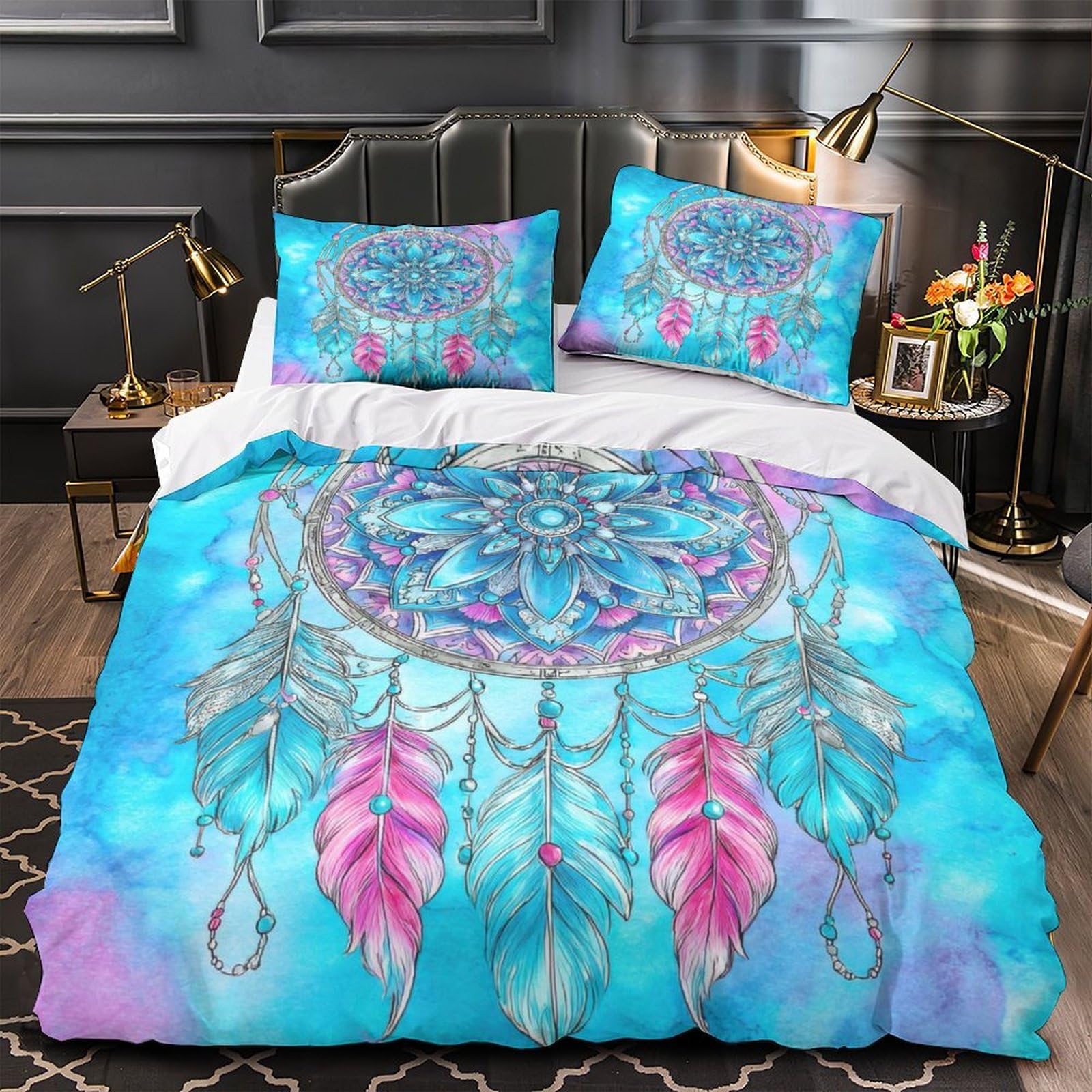 Housse de couette attrape-rêves 3D 200x200 cm en microfibre avec 2 taies d'oreiller style bohème