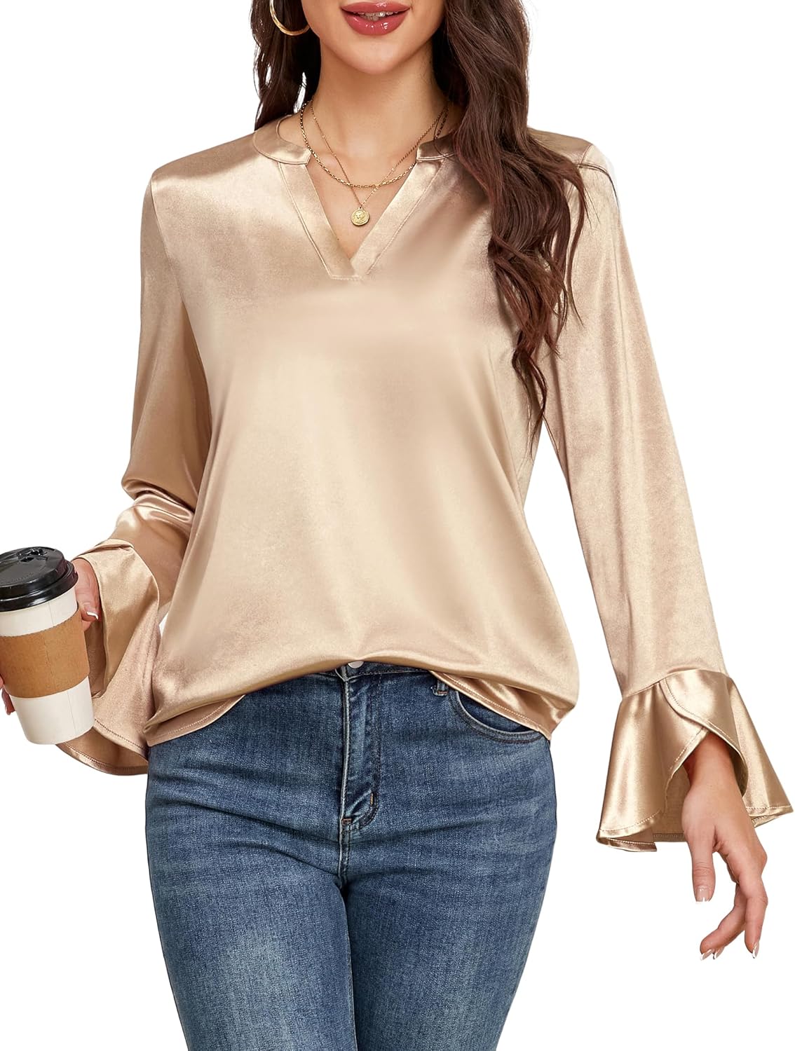 ZAFUL Satin Silk Blouse for Women Elegant Long Sleeve Tops Business Casual Blouses Dressy Work Shirts Fall Outfits 2025