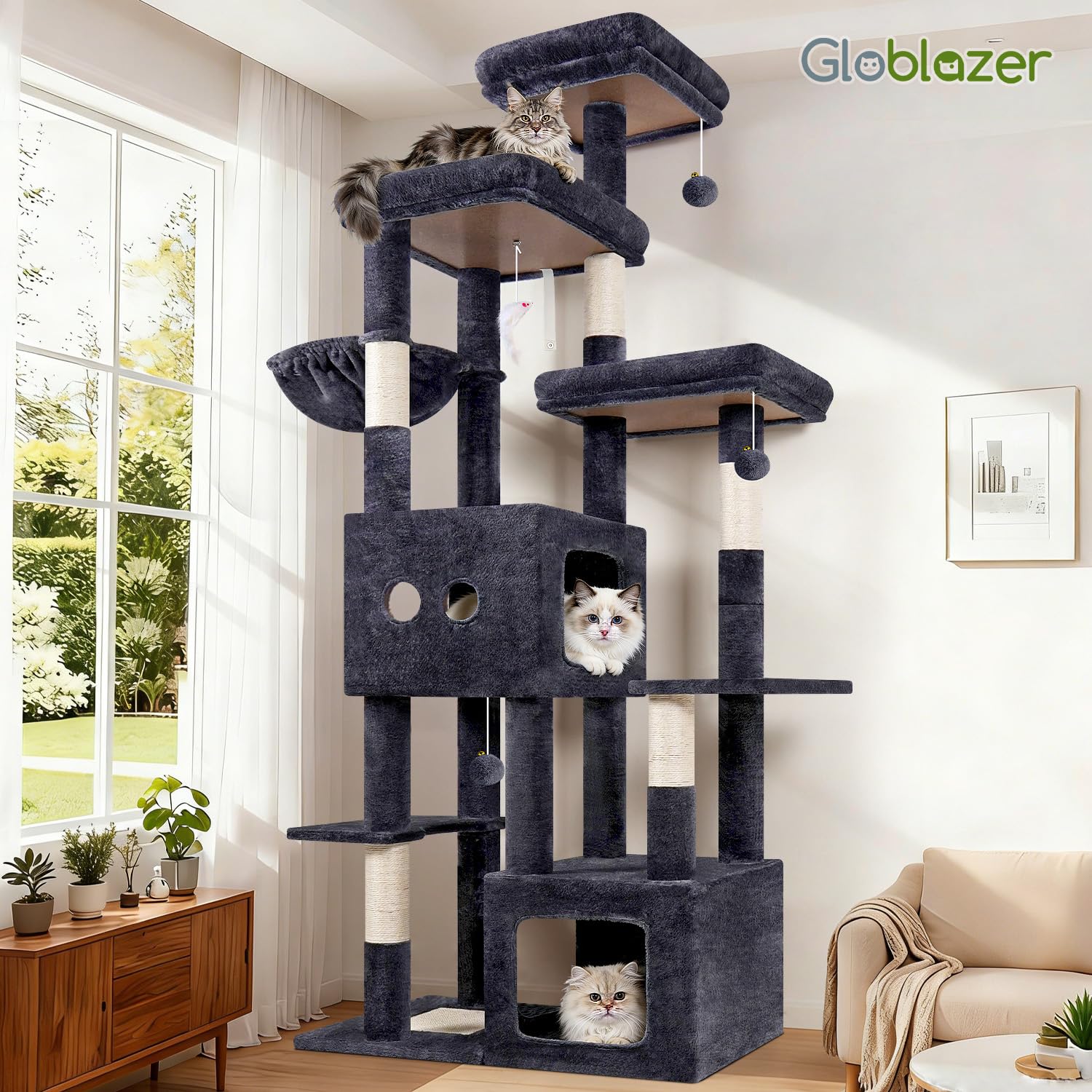 Globlazer Árbol Rascador XXL para Gatos Grandes 203 cm con 2 Nidos Grande 45*40*35cm, 3 Plataforma Amplio, Tablero Sisal, Cesta, Enorme Arbol Rascador para Gatos Adultos Interior (F80E, Gris Oscuro)