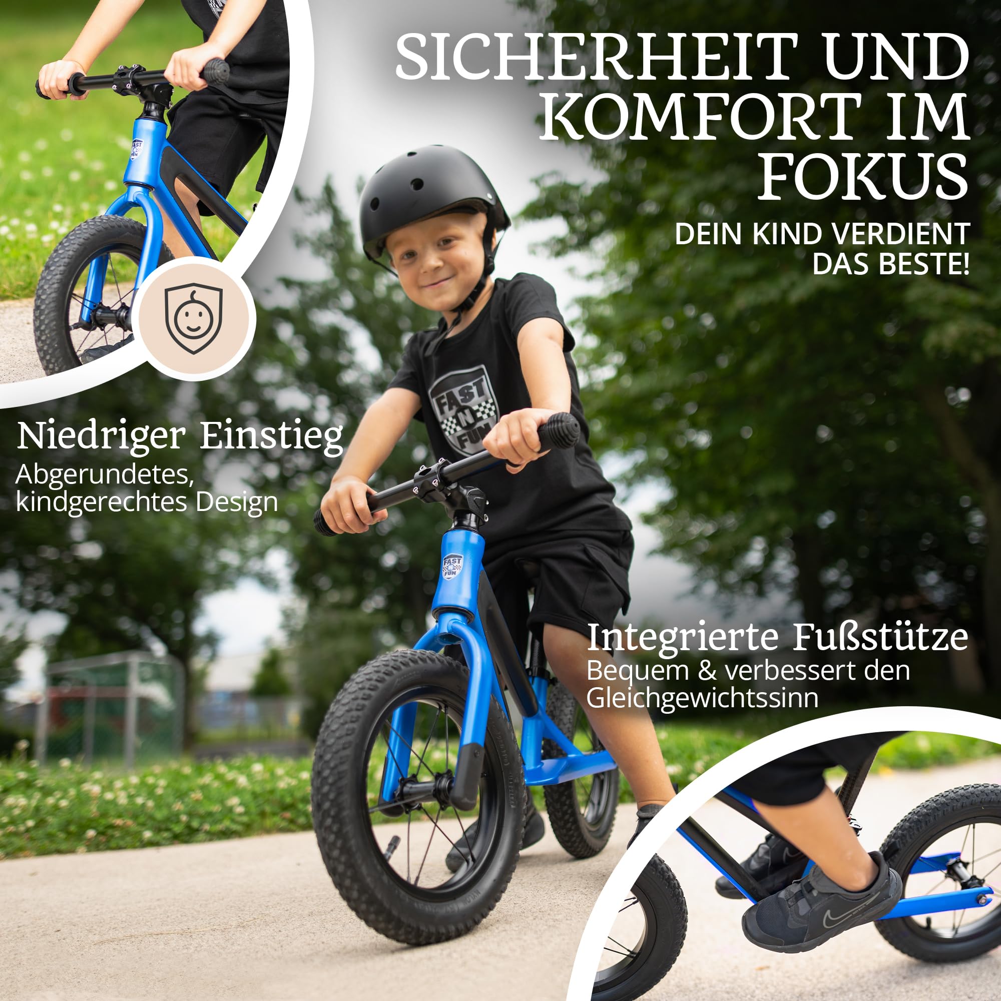 Laufrad ab 2 Jahre [mit Helm] Kinderfahrrad Laufräder | Balance Bike 12" Tragegriff Fußstütze ergonomischer Sitz [höhenverstellbar] Luftreifen Lauflernrad Outdoor Spielzeug Fahrrad Kinder