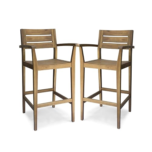 Lera Outdoor Rustic Acacia Wood Barstool (Set of 2), Teak