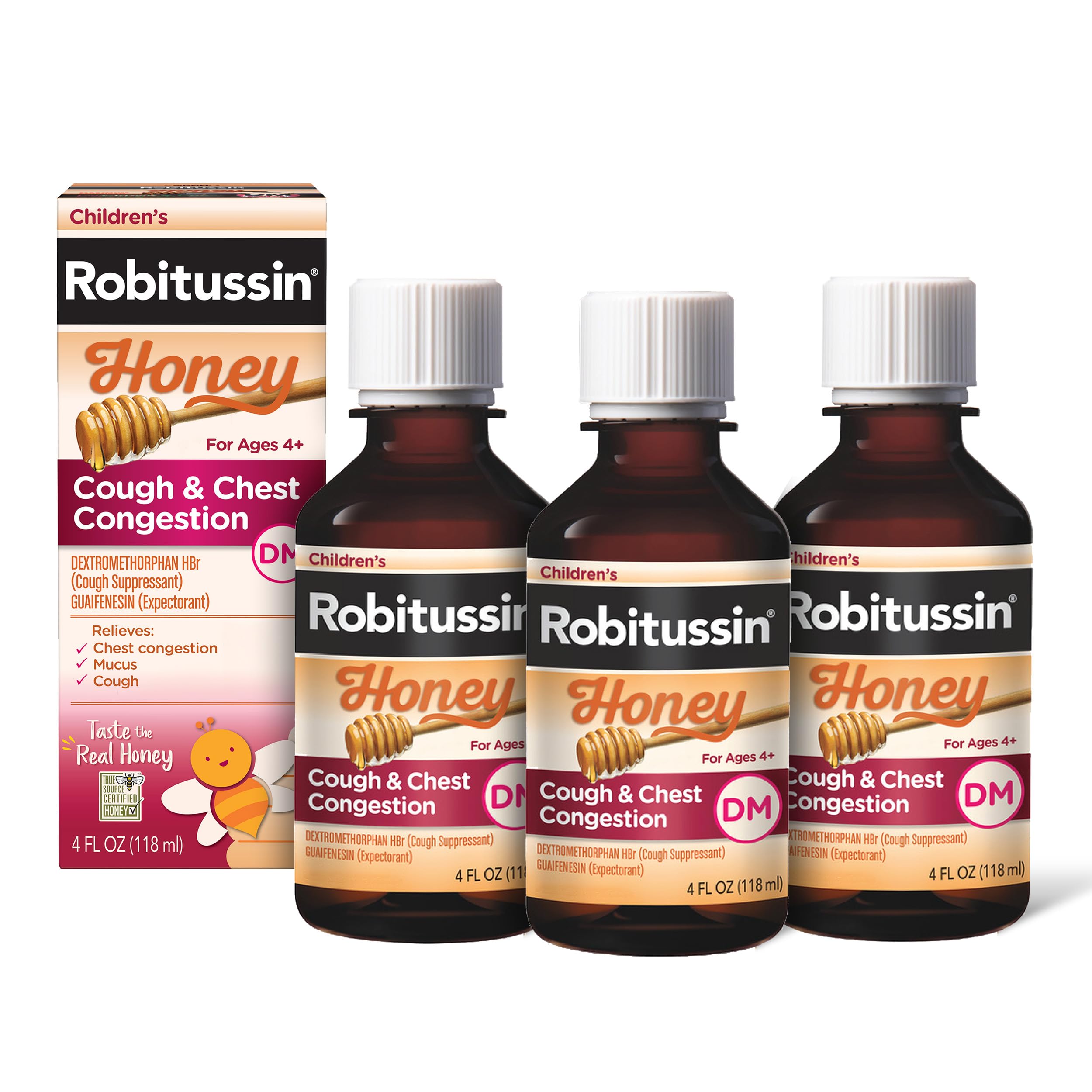 Children's Robitussin Honey Cough and Chest Congestion DM, Children's Cough Medicine Made with Real Honey for Flavor - 4 Fl Oz x 3