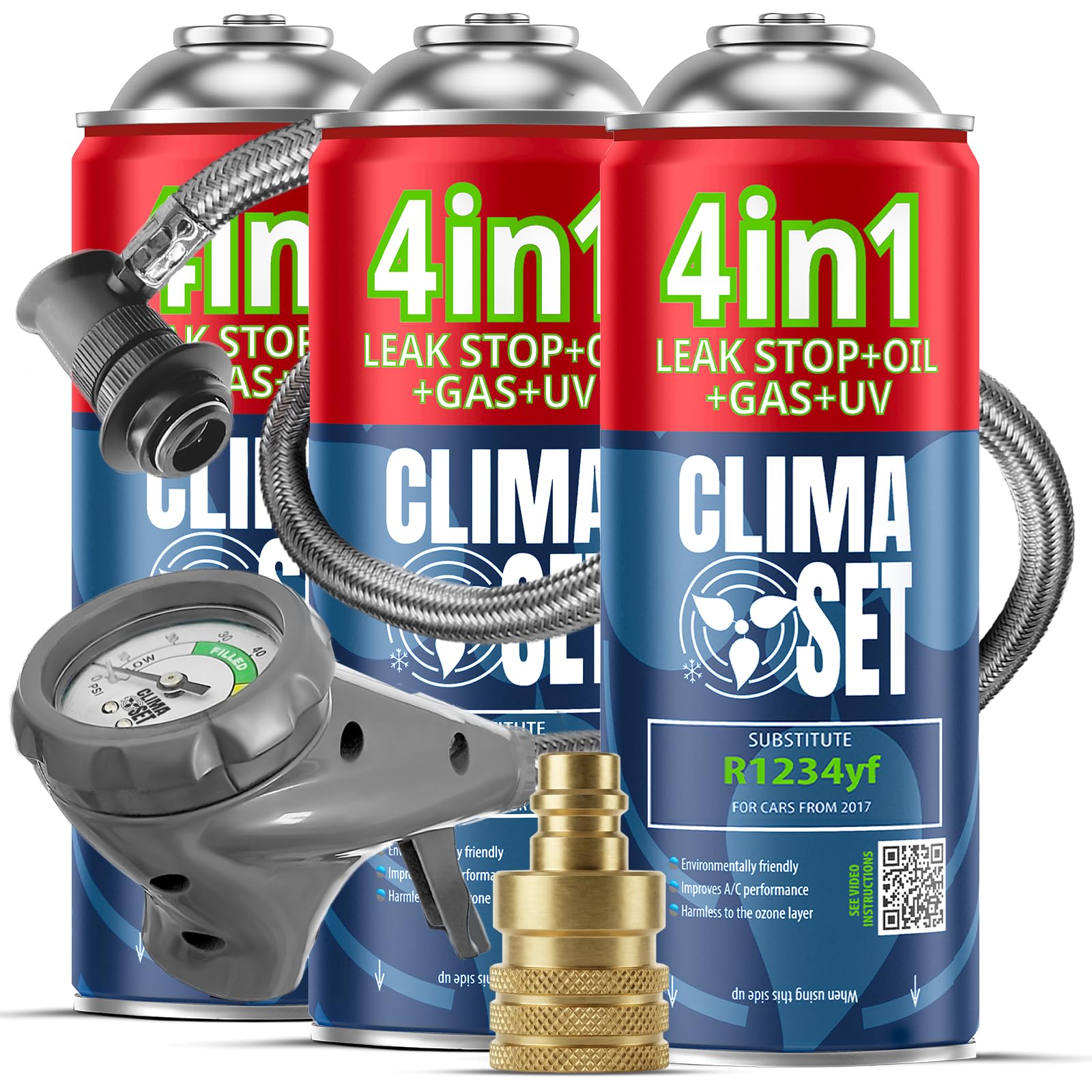 CLIMASET - Automotive AC Recharge Kit - 3x Refrigerant & Oil R1234yf + Hose + YF Adapter - For Vehicles After 2016, Featuring a Modern Ergonomic Hose with Pressure Gauge
