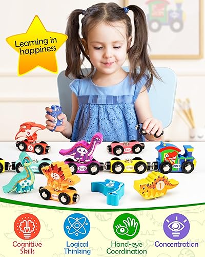 Miniatura 2 de Vanmor Juego de tren de dinosaurio de madera para niños pequeños, juguetes magnéticos de dinosaurios y tren de números, perfecto para actividades de