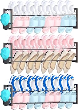 3 Pack Wall Mounted Shoe Rack for Narrow Spaces, Hanging Shoe Rack Holds 24 Pairs, 17"-30"Adjustable Heavy Duty Wall Shoe Storage with 6 Storage Hooks, Space Saving for Closet Entryway Door, Black