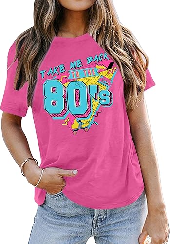 Miniatura 2 de Camiseta de los años 80 para mujer, camiseta con texto en inglés "Take Me Back to The 80", camiseta vintage con gráficos, camisetas casuales retro