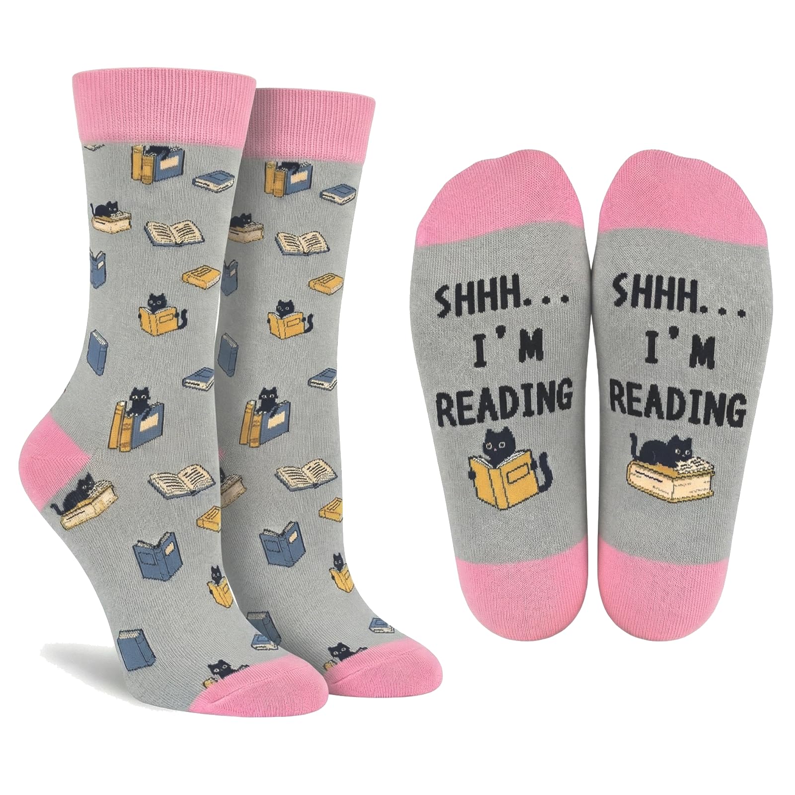 Runovate Gifts for Book Lovers, Grey and Pink SHHH I'M READING Cat Novelty Crew Socks, Reading Gift for Women Book Lover Cat Lover Bookworm Girl