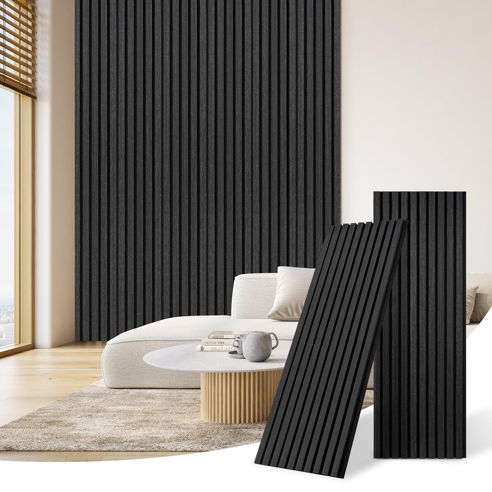 DOLLAR BOSS Wood Panels for Walls, Acoustic Wall Panels 120x40cm 2 Pack, Sound Absorbing Wooden Slats, Decorative 3D Wall Panels, Modern Wall Decor for Office, Bedroom, Kitchen, Black
