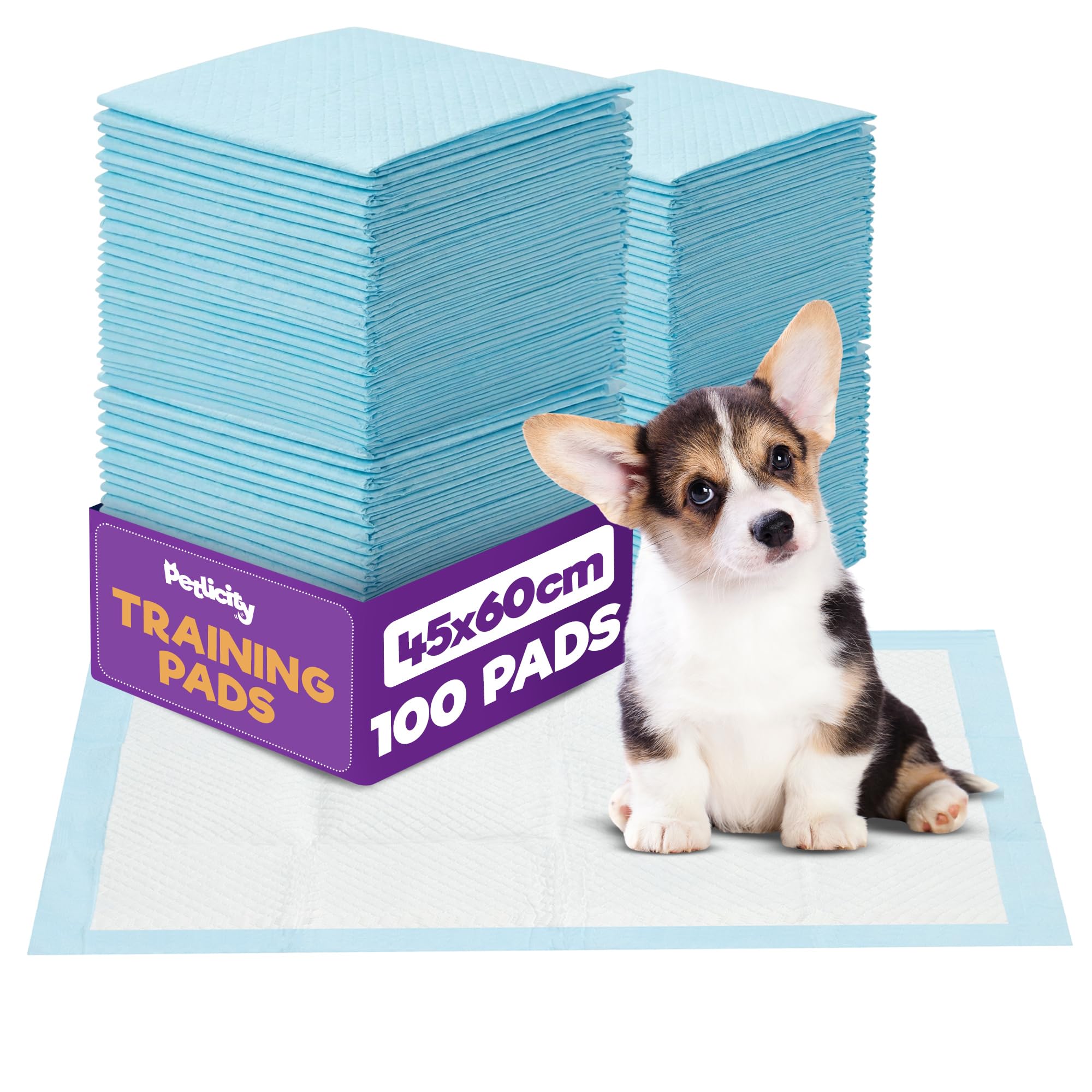 Petlicity 45x60cm Small Puppy Pads 100-pack - Disposable Puppy Training Pads, Highly Absorbent Leak-Proof Dog Training Pads, Premium Quality Quick-Dry Dog Pee Pads - Dog Pads for Pee, Dog Mats Small