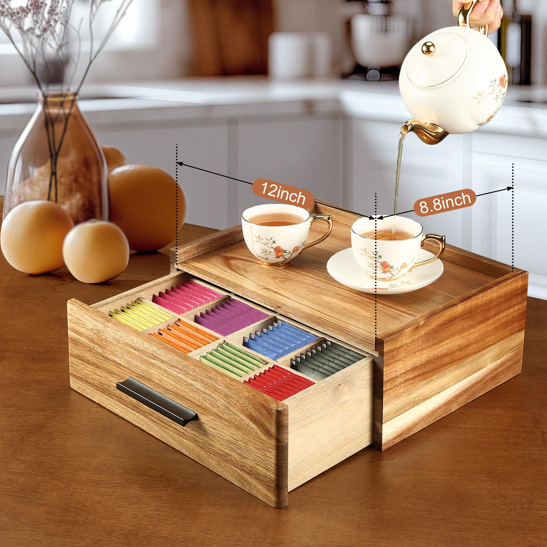 Organisateur de sachets de thé en Bois d'acacia - Boîte à thé avec 12 Compartiments, Coffret de Rangement avec tiroir, Accessoires pour thé et Rangement des sachets, Station de thé pour comptoir