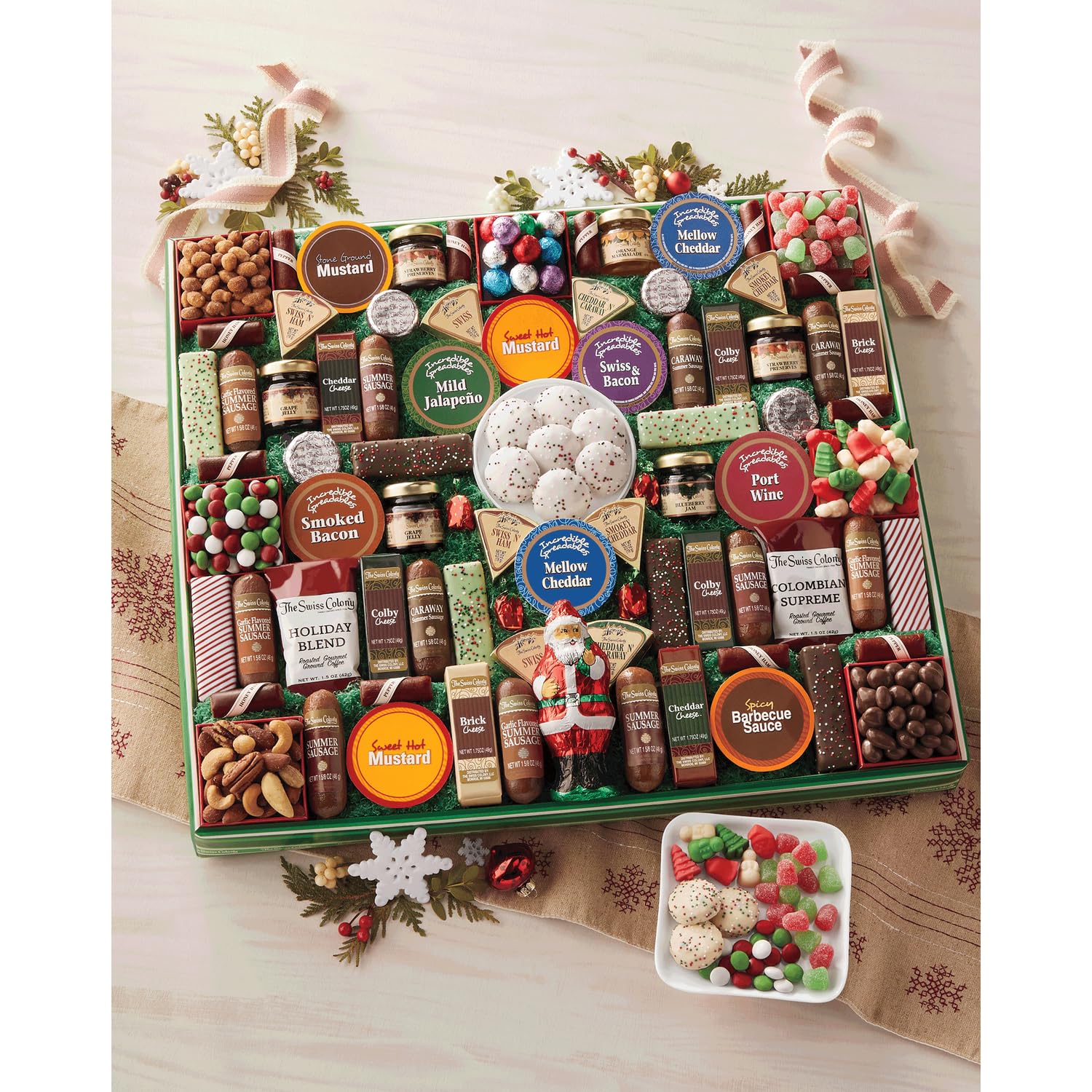 The Swiss Colony Santa's 77 Favorites Food Gift – Assorted Summer Sausage Meats and Cheeses, Chocolates, Candies, Spreadables, and Snacks, Holiday Gift Box for Adults, Women, Men, Charcuterie Boards