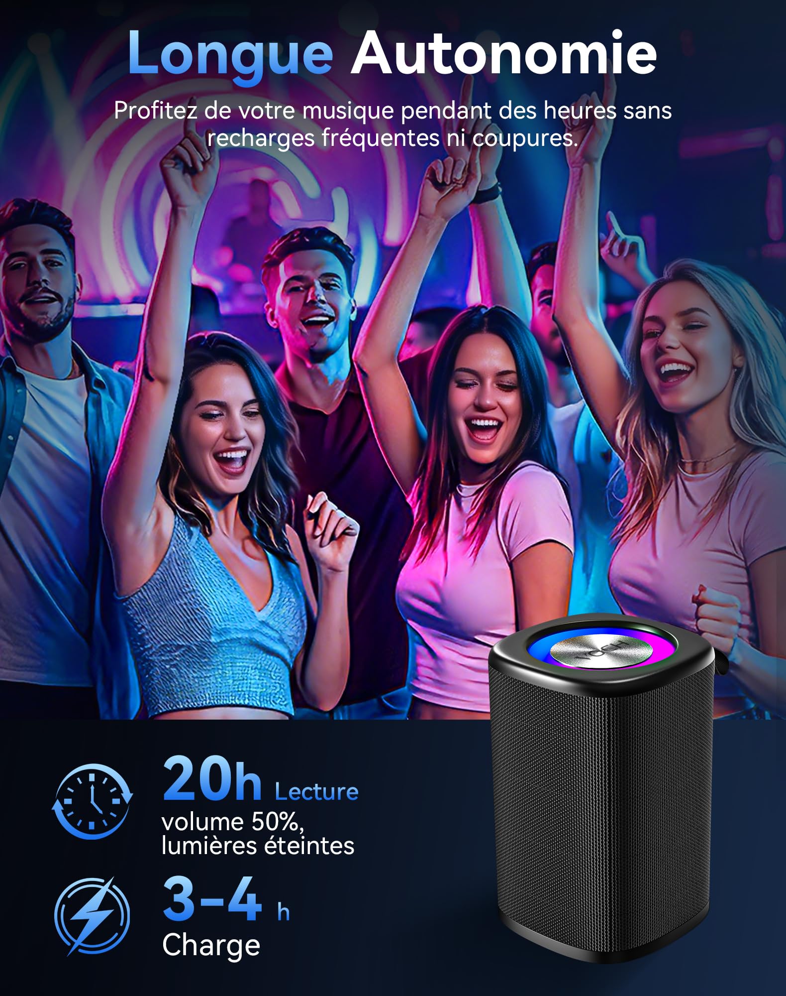 VOCH Enceinte Bluetooth Portable sans Fil Haut-Parleur 2‑en‑1 Magnétique avec Lumières RGB, Stéréo Puissante, Bluetooth 5.4, Appairage TWS, Étanche IPX7, 20H Autonomie pour Fête, Maison