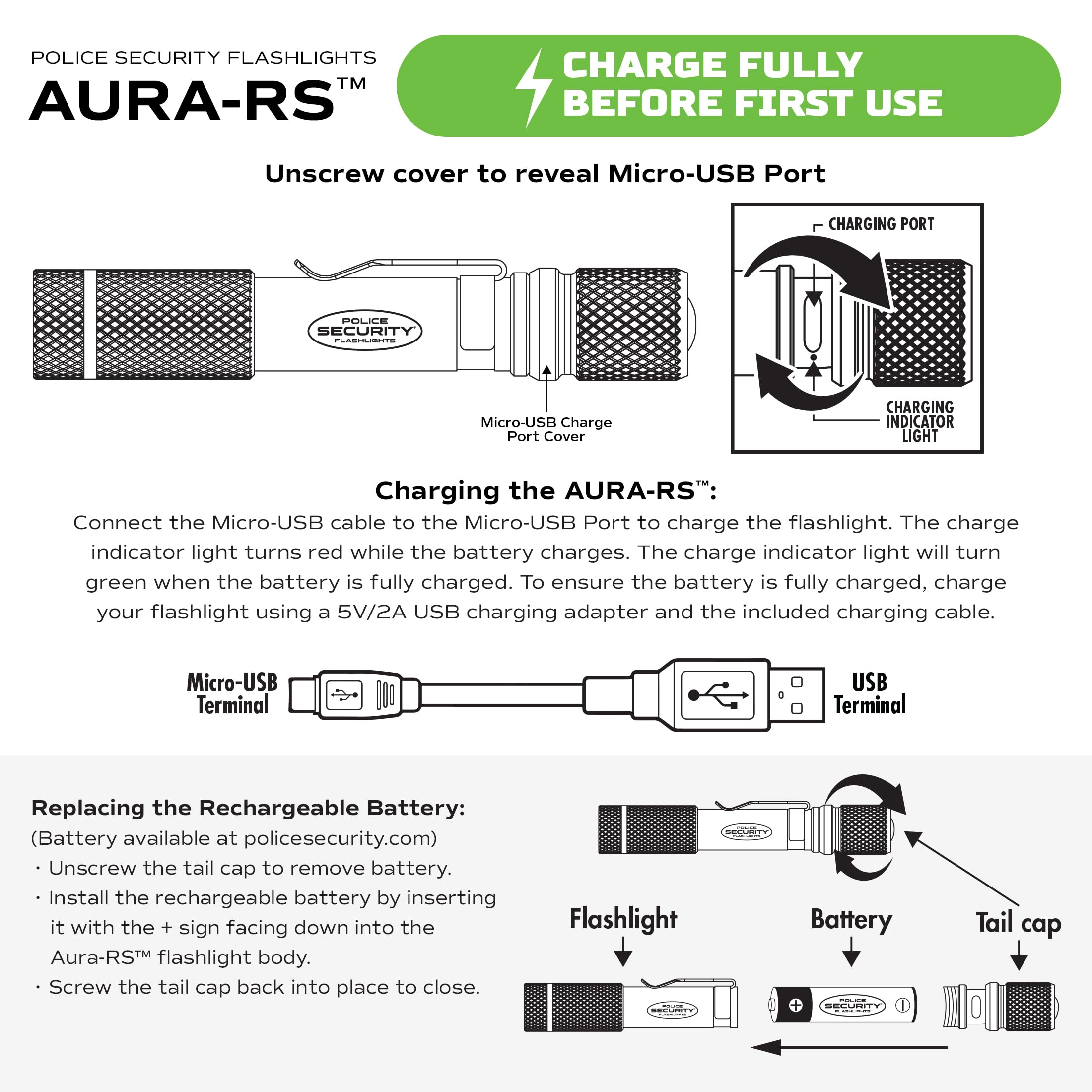 Police Security Aura-RS Linterna recargable ultrabrillante de 260 lúmenes, compacta, 3 modos, enfoque deslizante, carga USB-C, perfecta para proyectos de bricolaje y profesionales del comercio